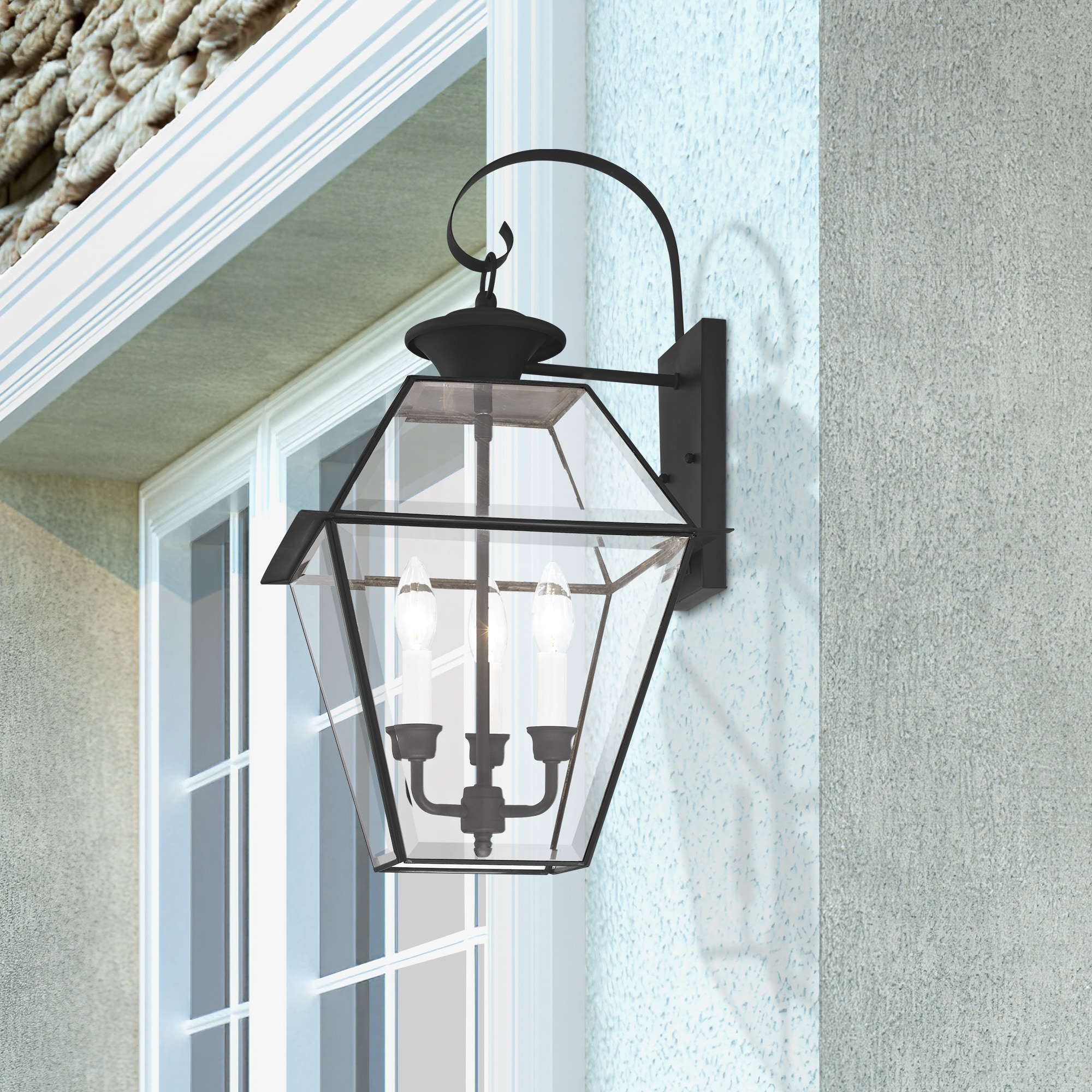 Charleston Elegance 3-Light Outdoor Wall Lantern in Black with Clear Beveled Glass