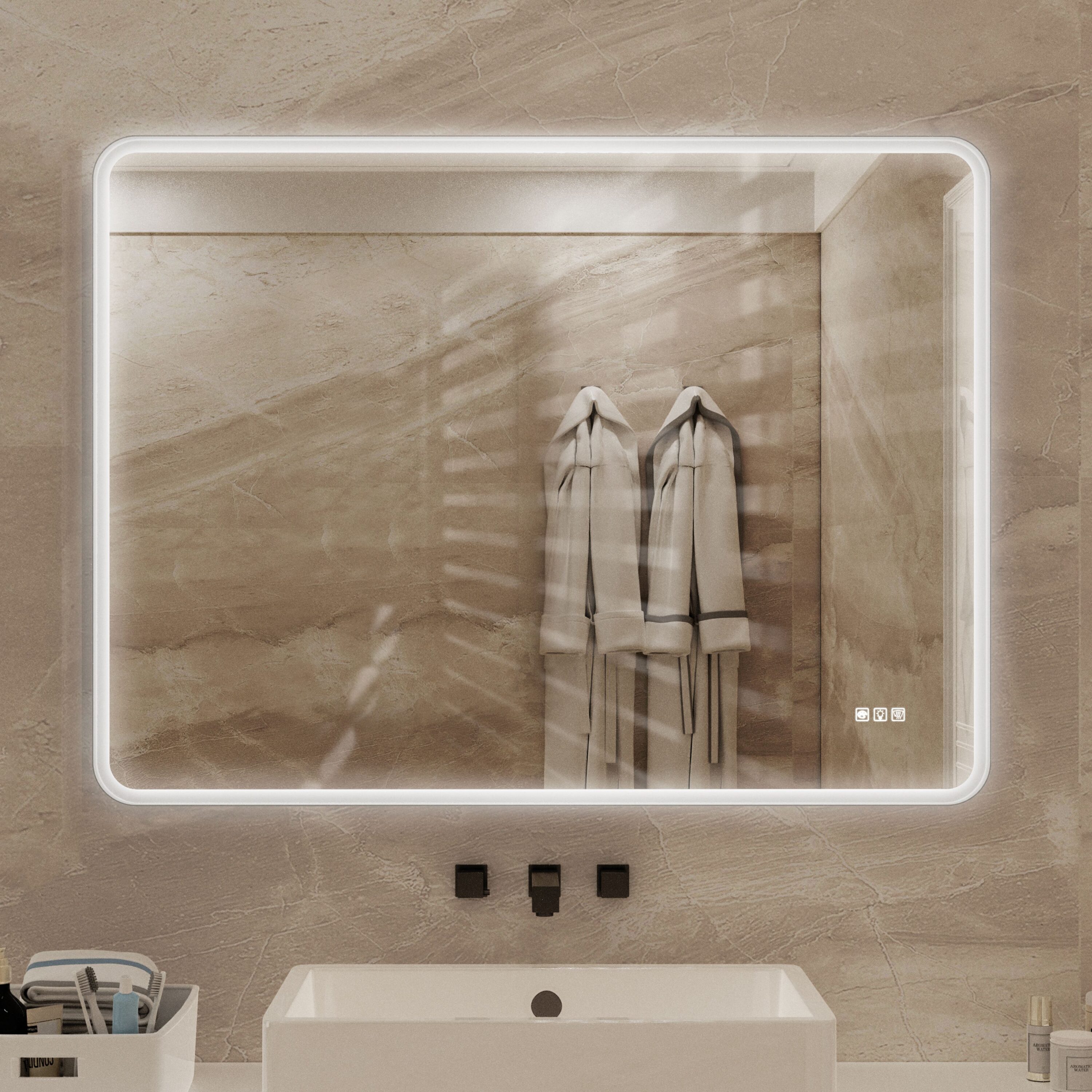 WELLFOR GIZ-X4B4836 XB 48-in x 36-in Framed Rectangle Dimmable LED Lighted Fog Free Bathroom Vanity Mirror ( Matte White )