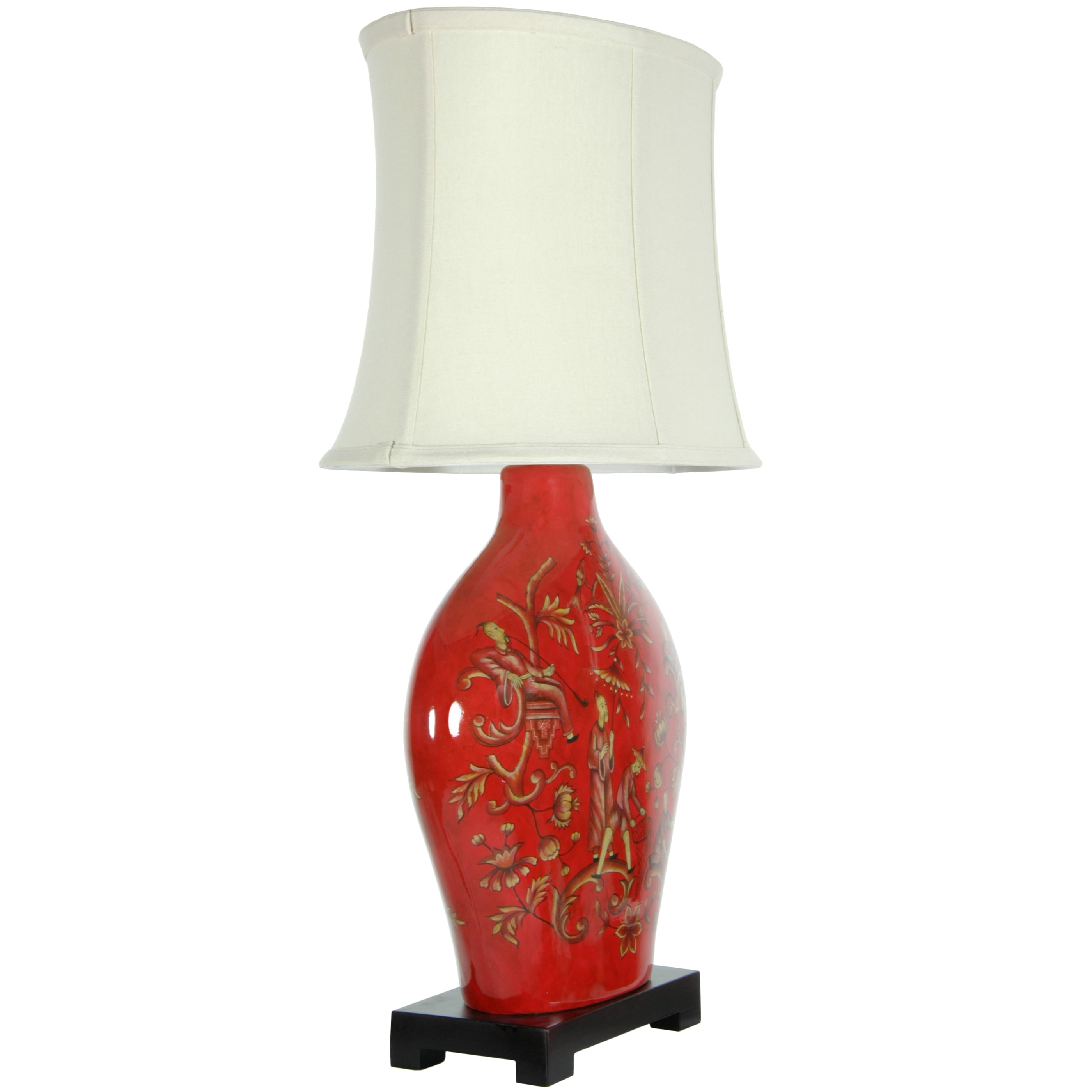 Red Porcelain Table Lamp with Off-White Shade, 27"