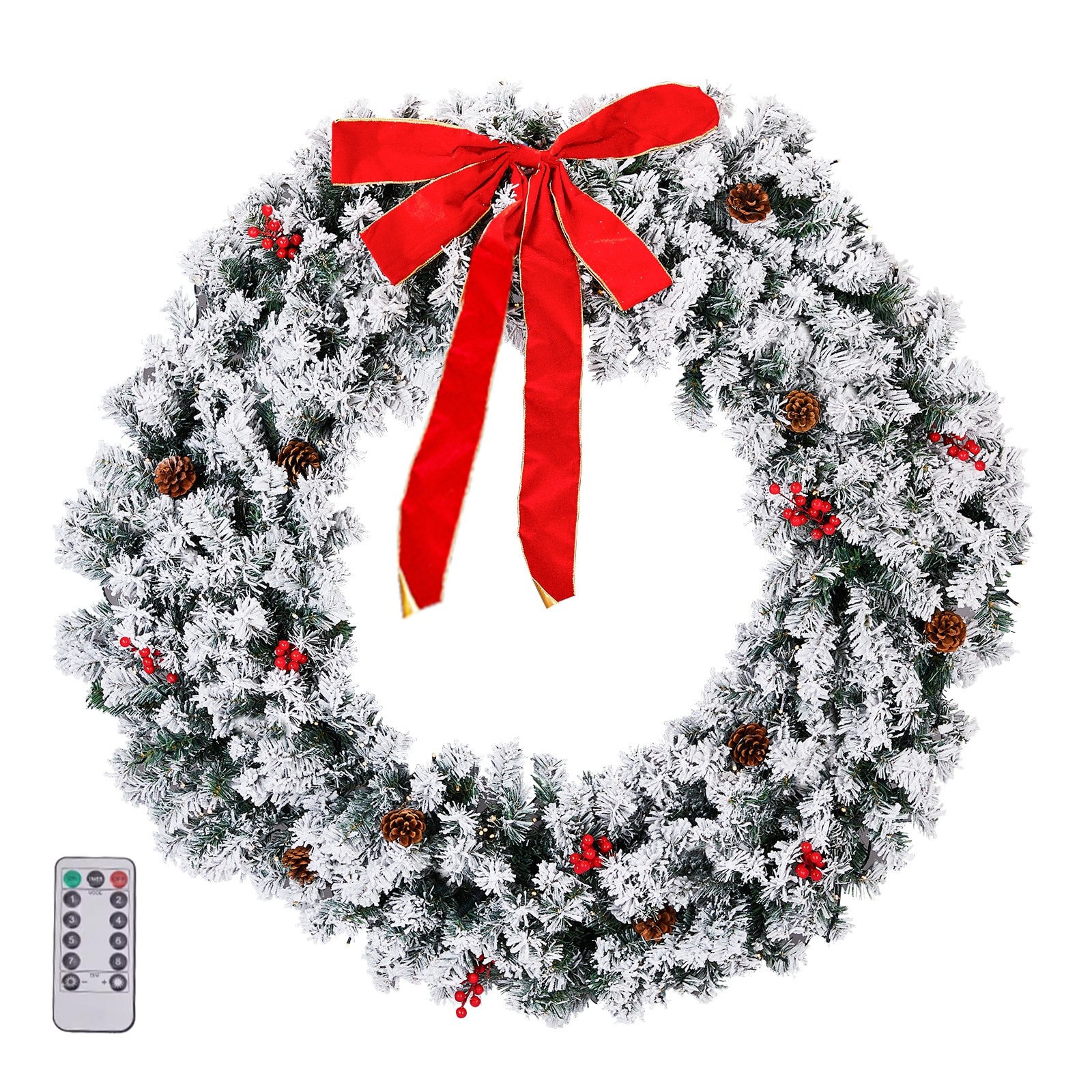 VEELIKE 26820547-SYZN 48in Snow Flocked Christmas Wreath Lighted Artificial Xmas Wreath with 150 Warm White Lights and 450 PVC Tips and DIY Ornaments for Front Door Gate Wall Xmas Party Decorations Snowy Green
