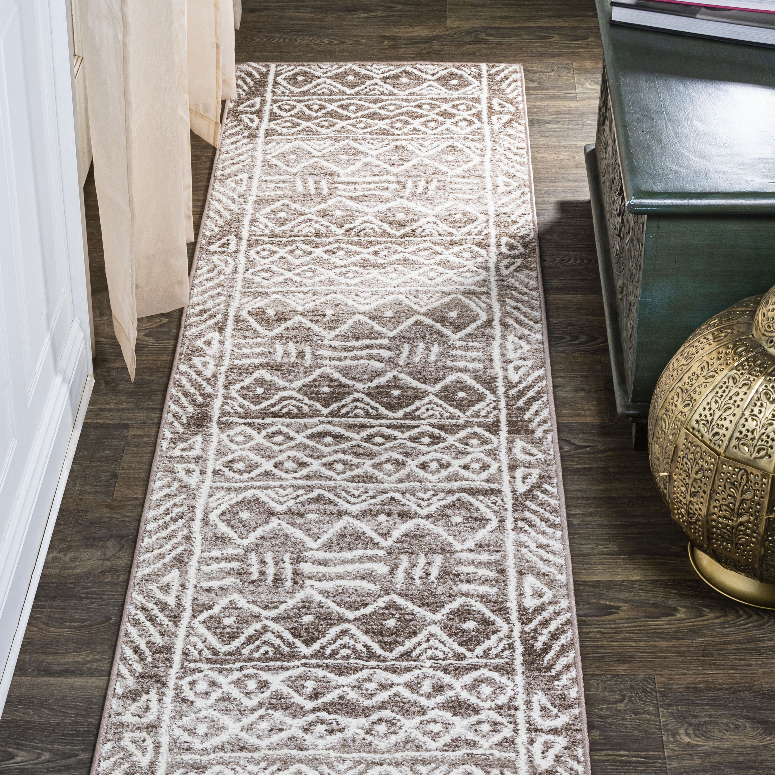 Ivory and Brown Geometric Washable Runner Rug