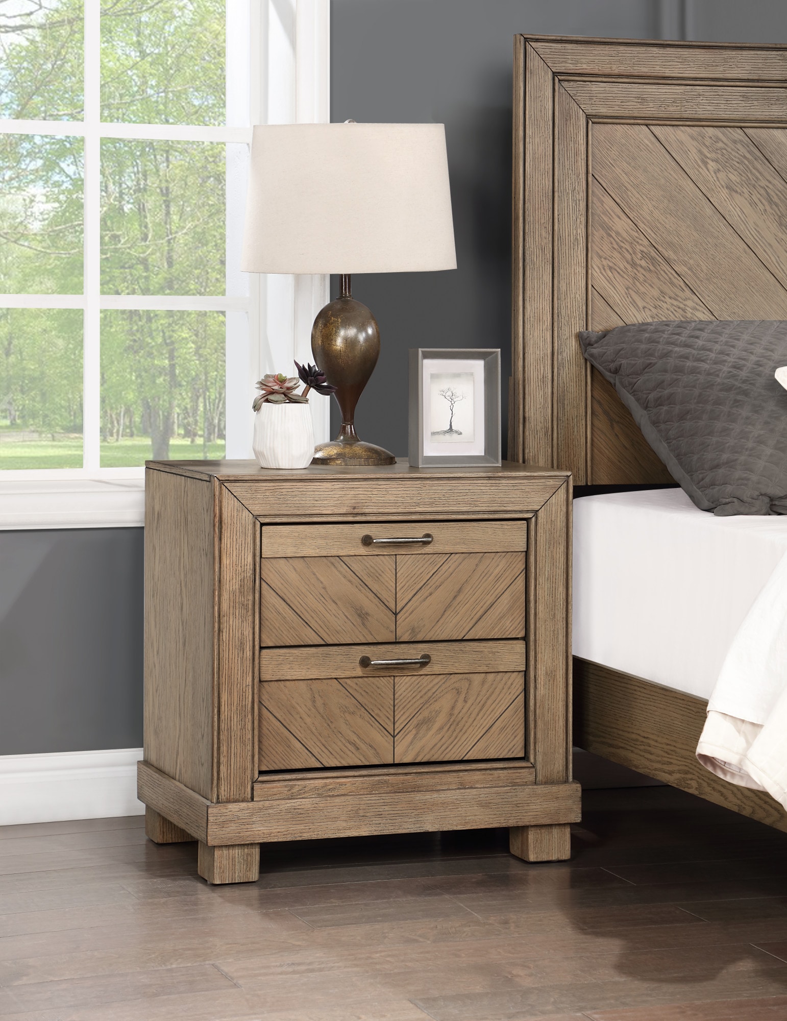 Weathered Sand Rustic Wood 2-Drawer Nightstand