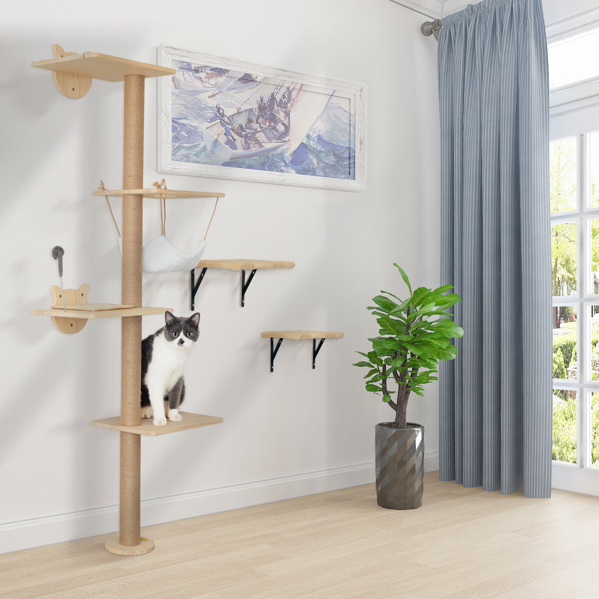Natural Pinewood Wall-Mounted 4-Tier Cat Tree with Sisal Scratching Post