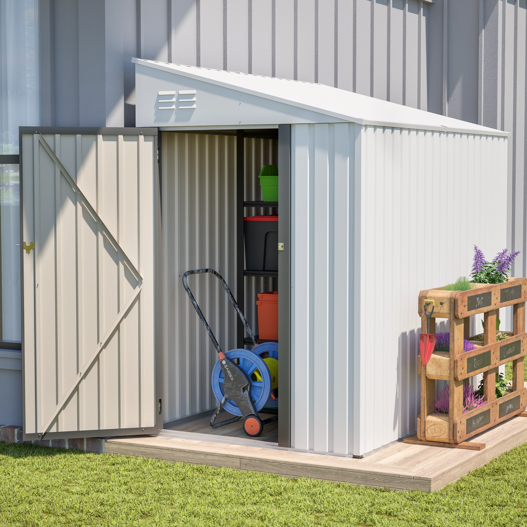 RITSU -  85.62 in L x 52.07 in W x 77.85 in H White Lean To Metal Outdoor Storage Shed with Doubl...