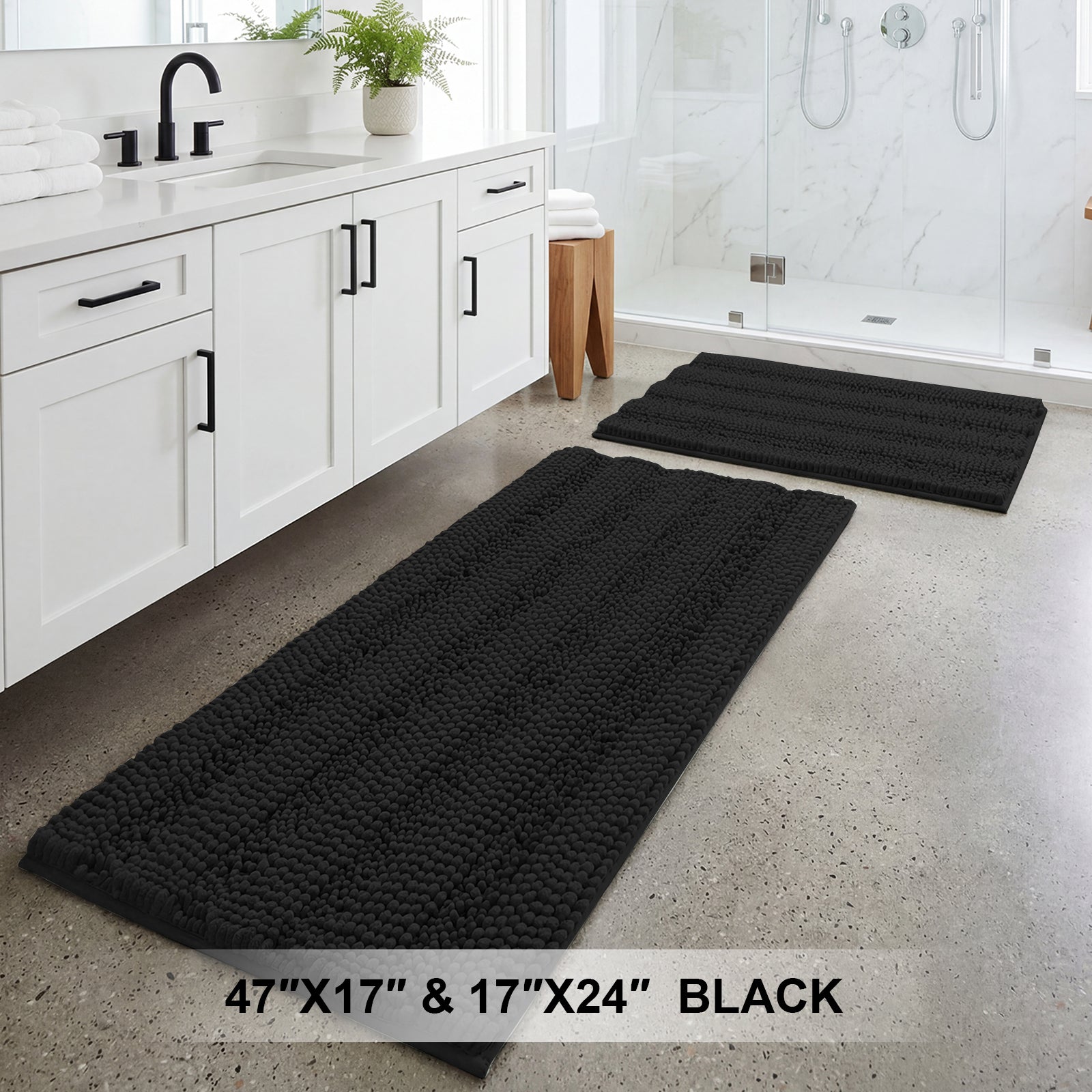 H.Versailtex  Black Chenille Bath Rug Set 2Piece ExtraThick Striped Shaggy Bath Mats with NonSlip Backing 17 x 24 in