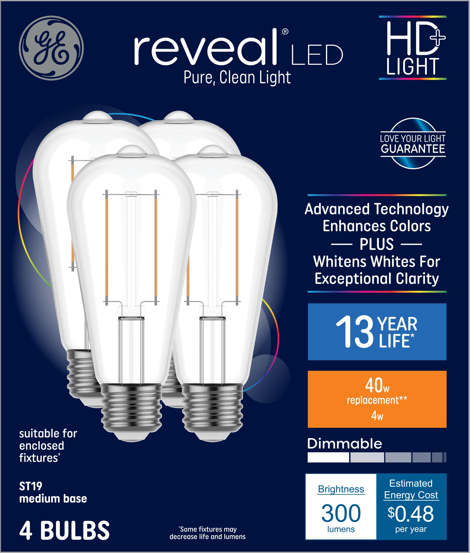 GE 93130775 Reveal HD 40 -Watt EQ ST19 Color-enhancing Medium base (E-26) Dimmable LED Decorative Light Bulb 4 -Pack
