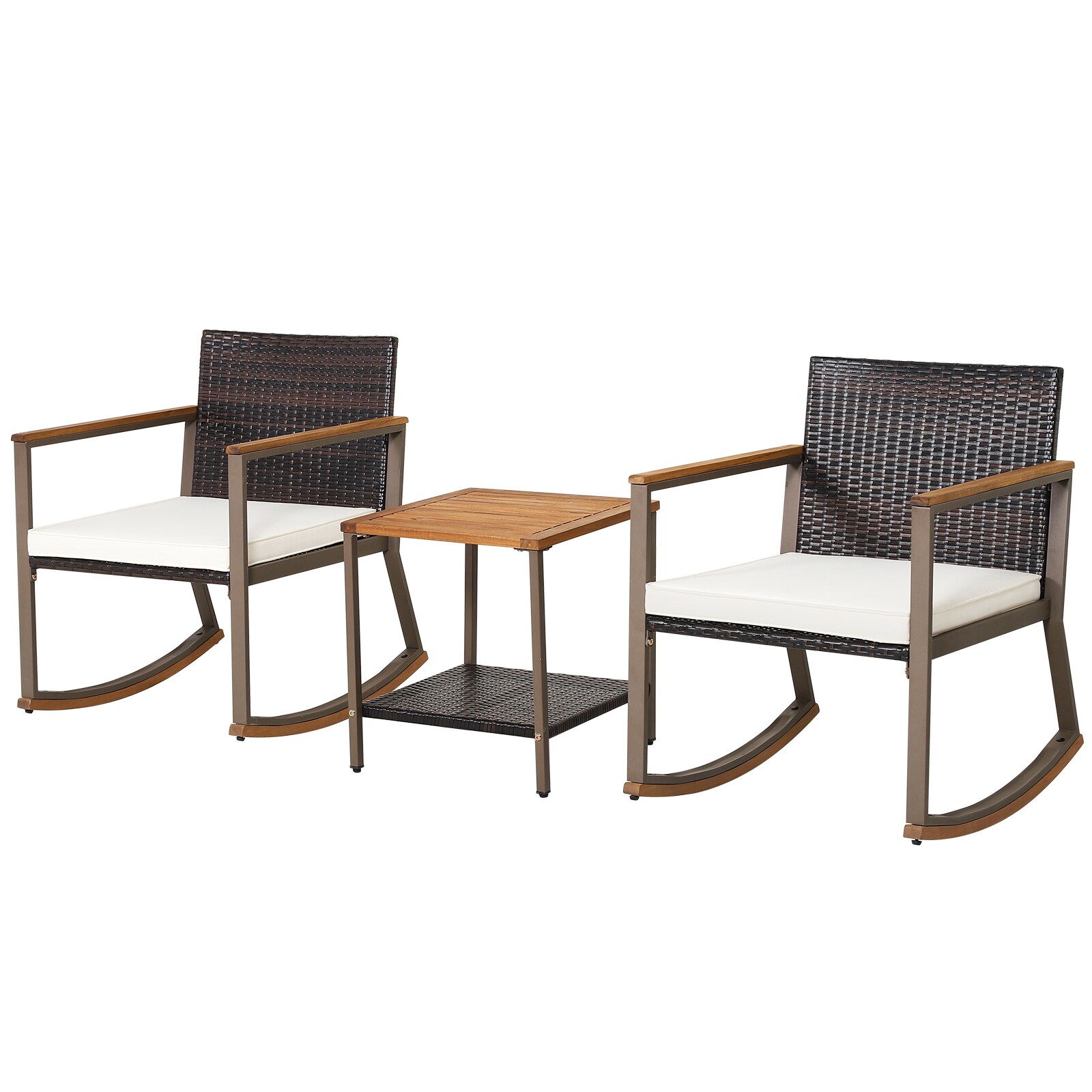 Slickblue D-CO-HW10907WH 3-Piece Rattan 2-Rocking Chair Patio Conversation Set with 1 Mix Brown PE Rattan Acacia Wood Coffee Table and Cushions for Backyard Patio or Poolside- Off White/Navy/Gray