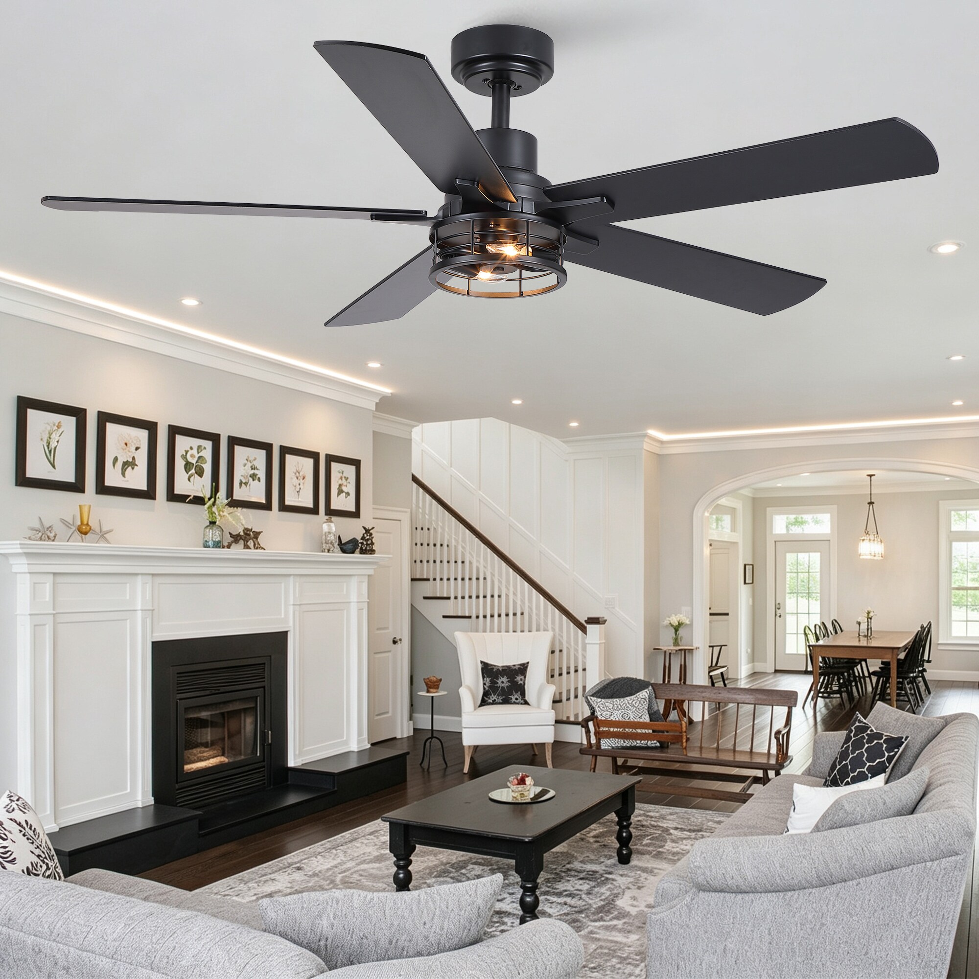 YOTOO 52 Inch 3 Plywood Blades Caged Ceiling Fan with Light Matte Black Finish 5 and 10 Inch Downrods DC Motor Remote Control 6 Speed Reversible Quiet 5000CFM Timer E12 Socket Bulb Not Included for Living Room Bedroom Farmhouse