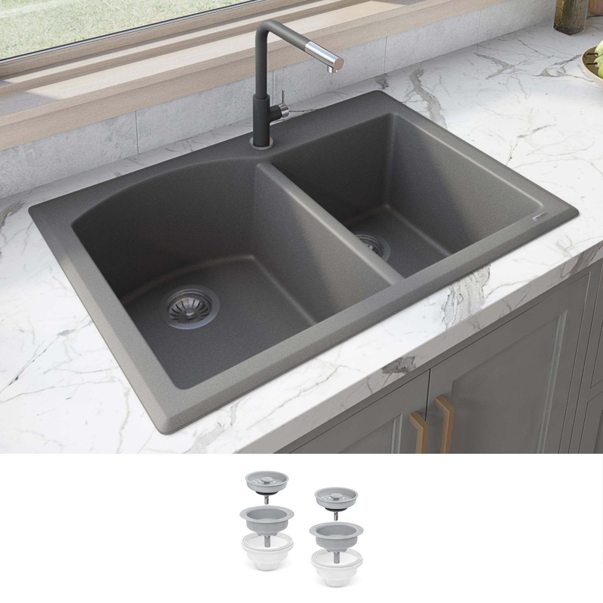 Ruvati RVG1344GR epiGranite Drop-in or undermount 33-in x 22-in Granite Double offset bowl 1-Hole Kitchen Sink