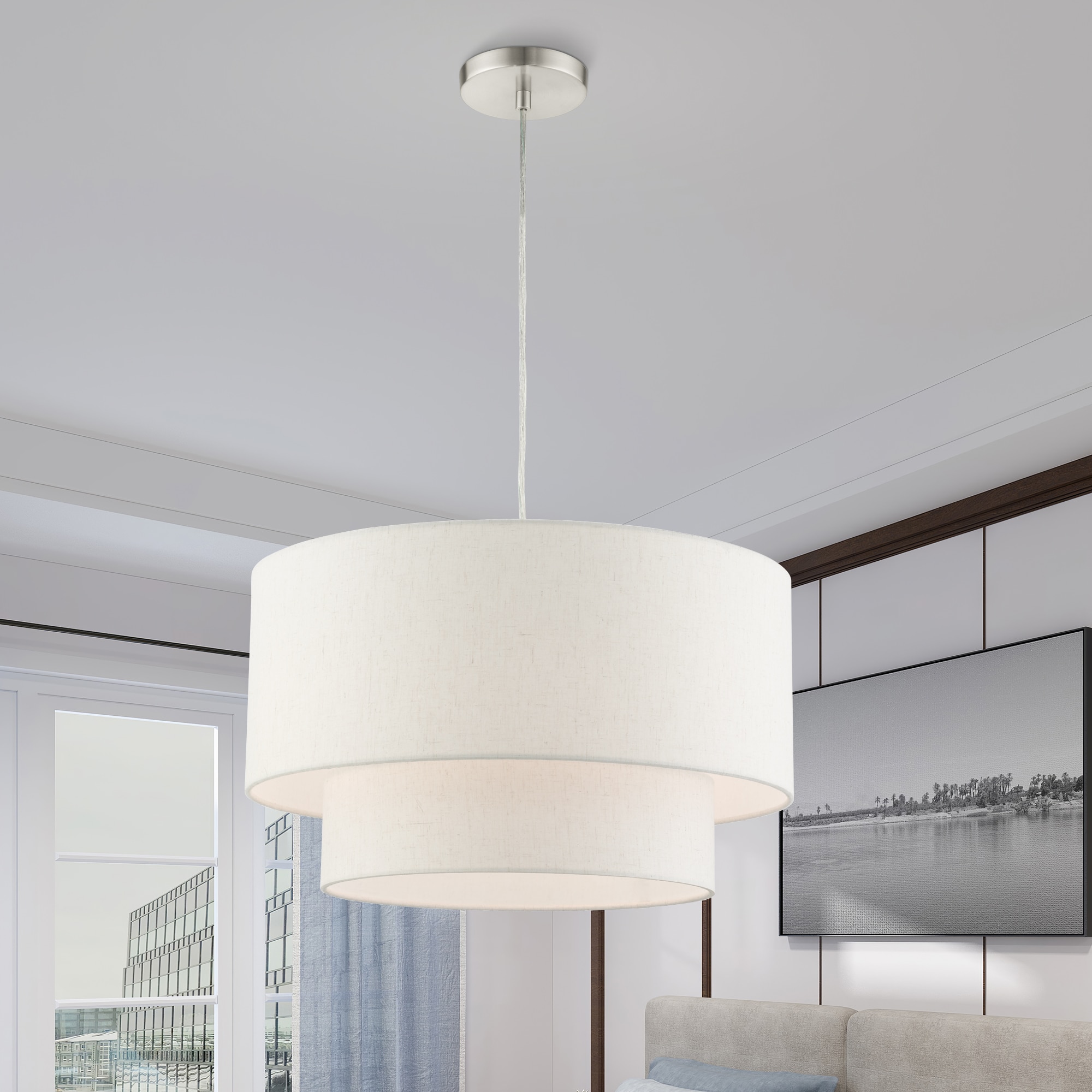 Livex Lighting 49803-91 Meadow 3 -Light Brushed Nickel Transitional Drum Medium Hanging Pendant light