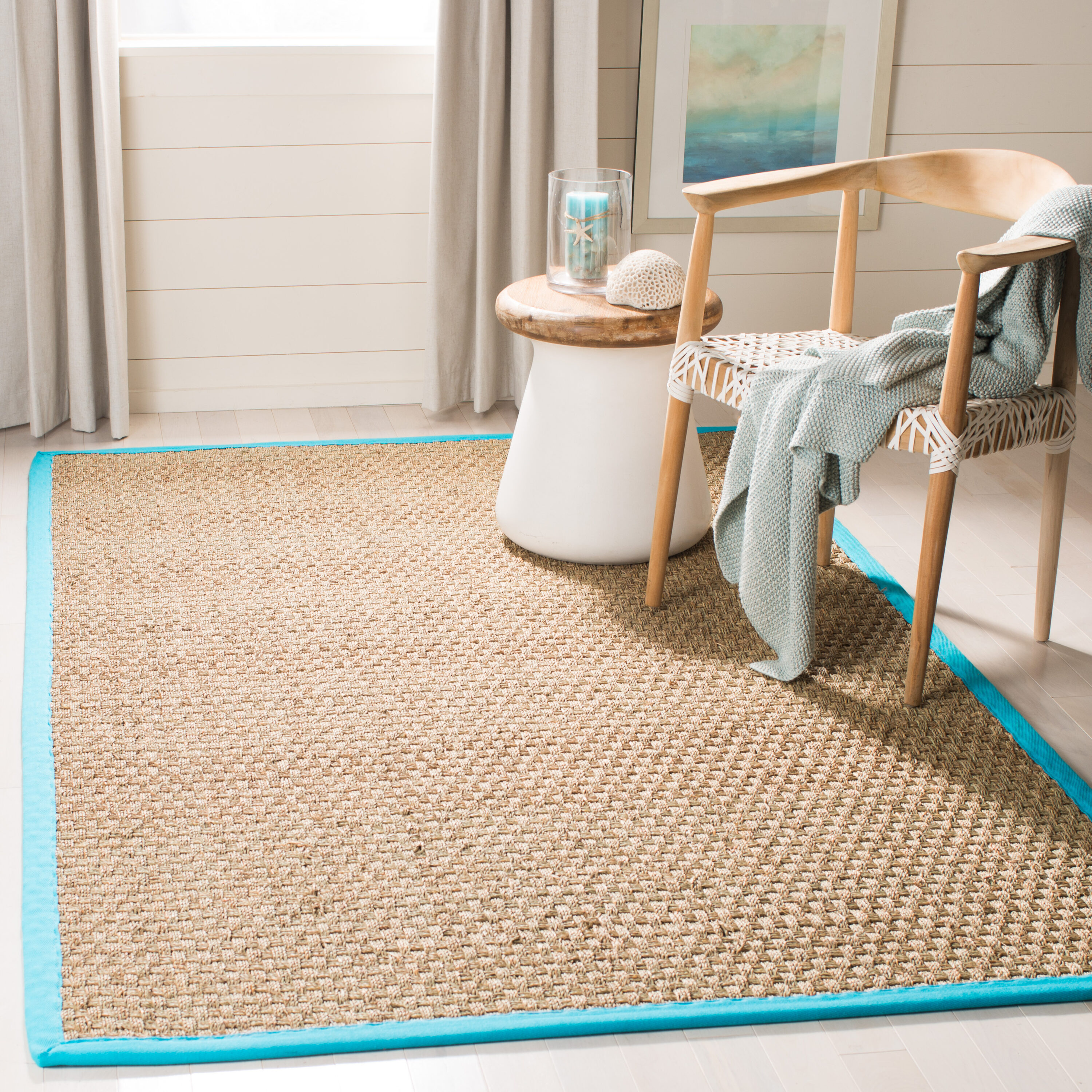 Nf Basket Weave W/Turquoise Border 4ft x 6ft Natural Fiber Rug