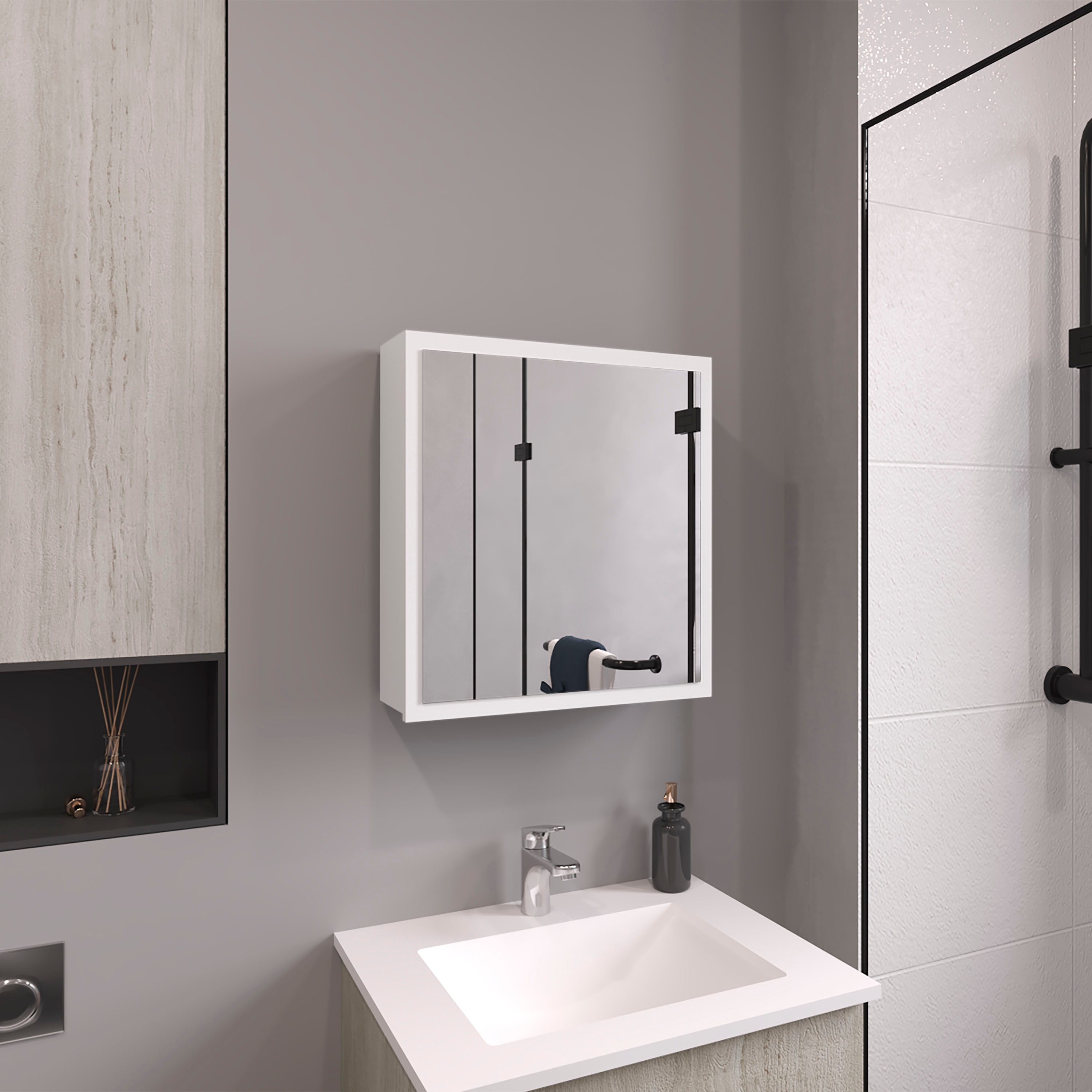 JUSHUA Duma 21 1/10 Inches H x 19 7/10 Inches W Mirror Medicine Cabinet One door with Four interior Shelves for Bathroom Kitchen White