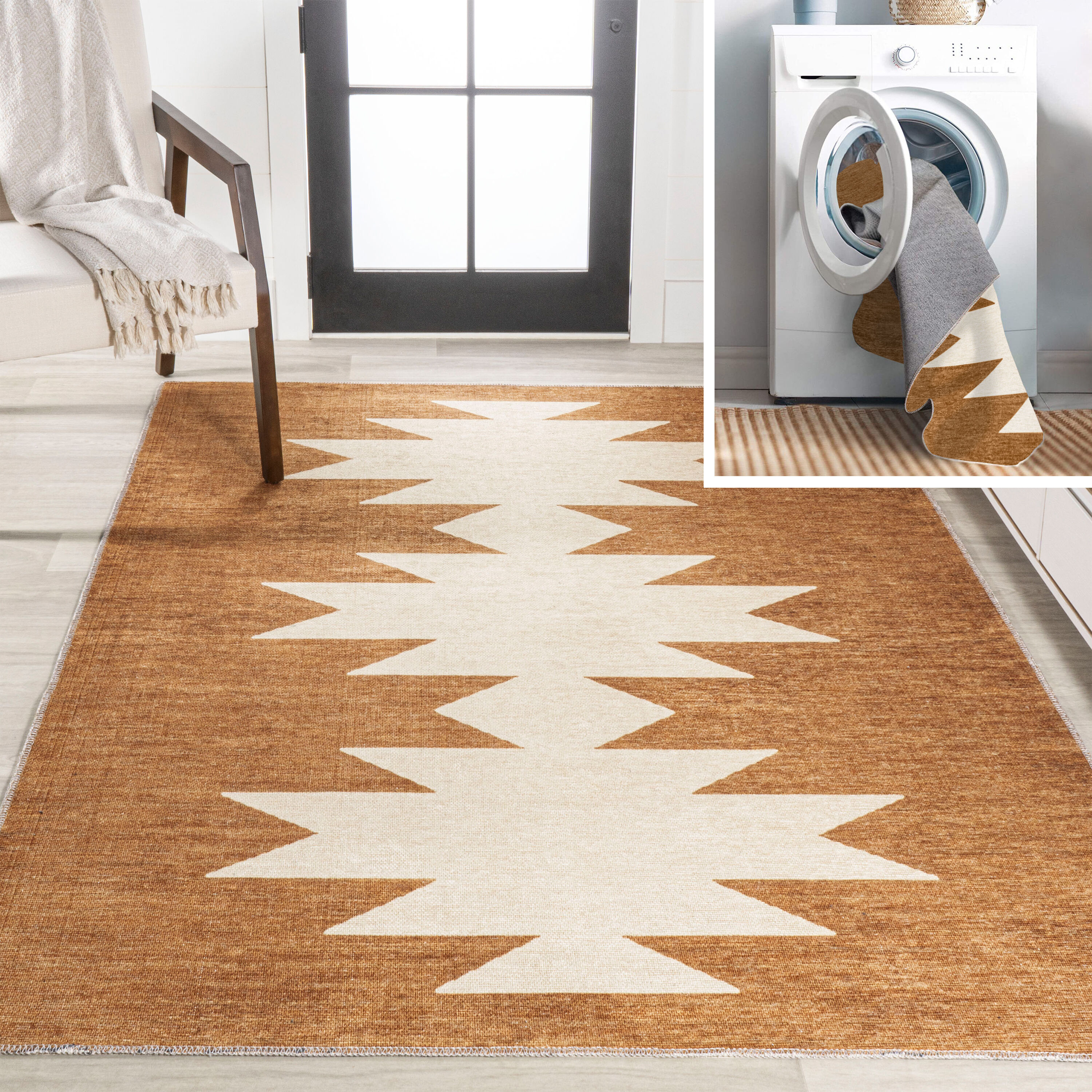 JONATHAN  Y WSH110A-4 WASHABLE Chayton Minimalist 4 x 6 (ft) Loomed Polypropylene Rust/Cream Rectangular Indoor Tribal Southwestern Machine washable Area rug