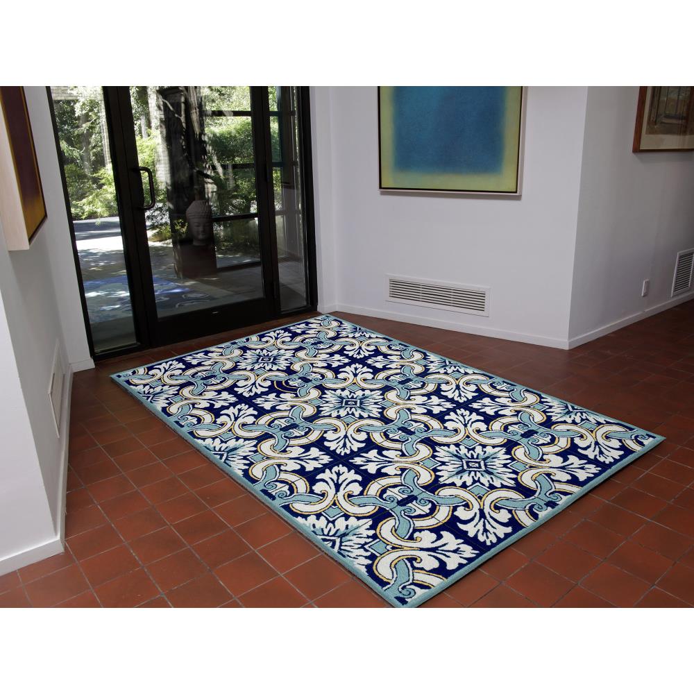 Blue Floral Tufted Rectangular Indoor/Outdoor Rug