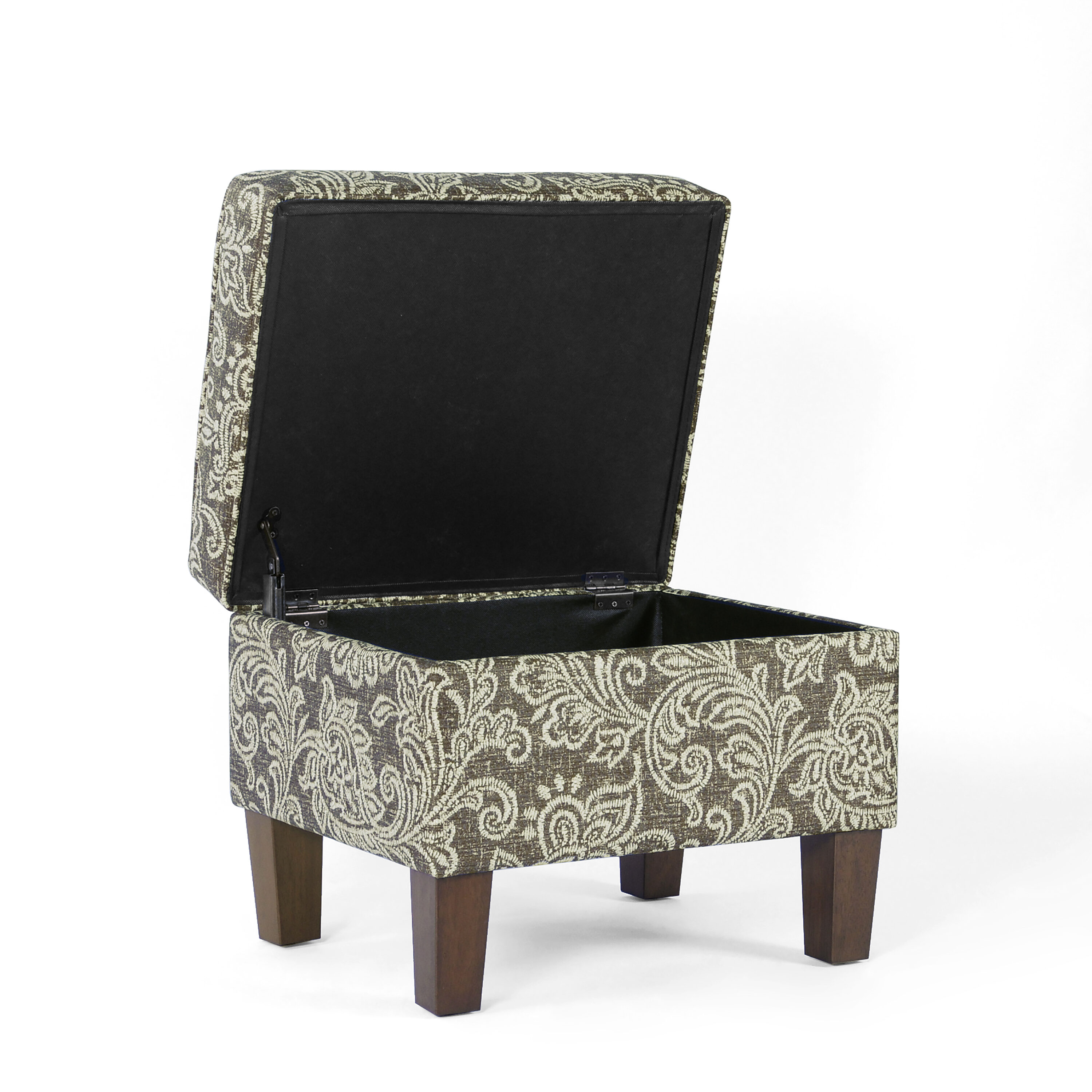 Brown Jacobean Print Upholstered Storage Ottoman with Hinged Lid