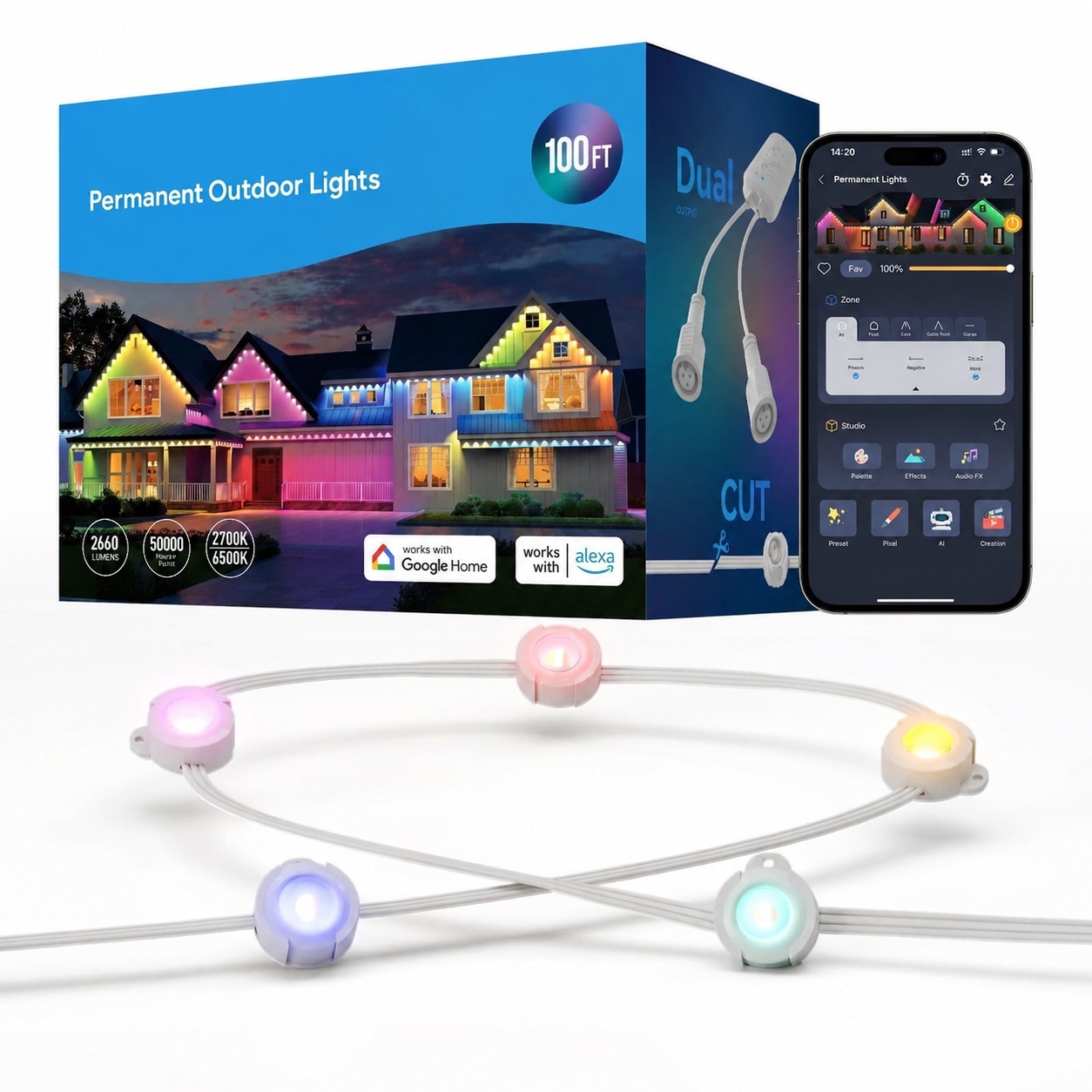 Lukvuzo  Permanent Outdoor Lights 100FT 72 RGBCW LED Extendable to 800FT Cuttable Dual Output Smart App Voice Control IP67 Waterproof 2700K to