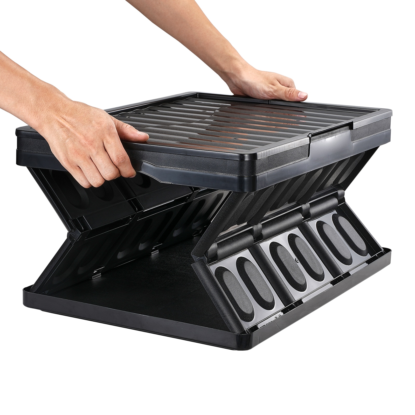 Mecale 45L Collapsible Storage Bins 3-Pack Folding Stackable PP Crates with Lids and Handles - Black