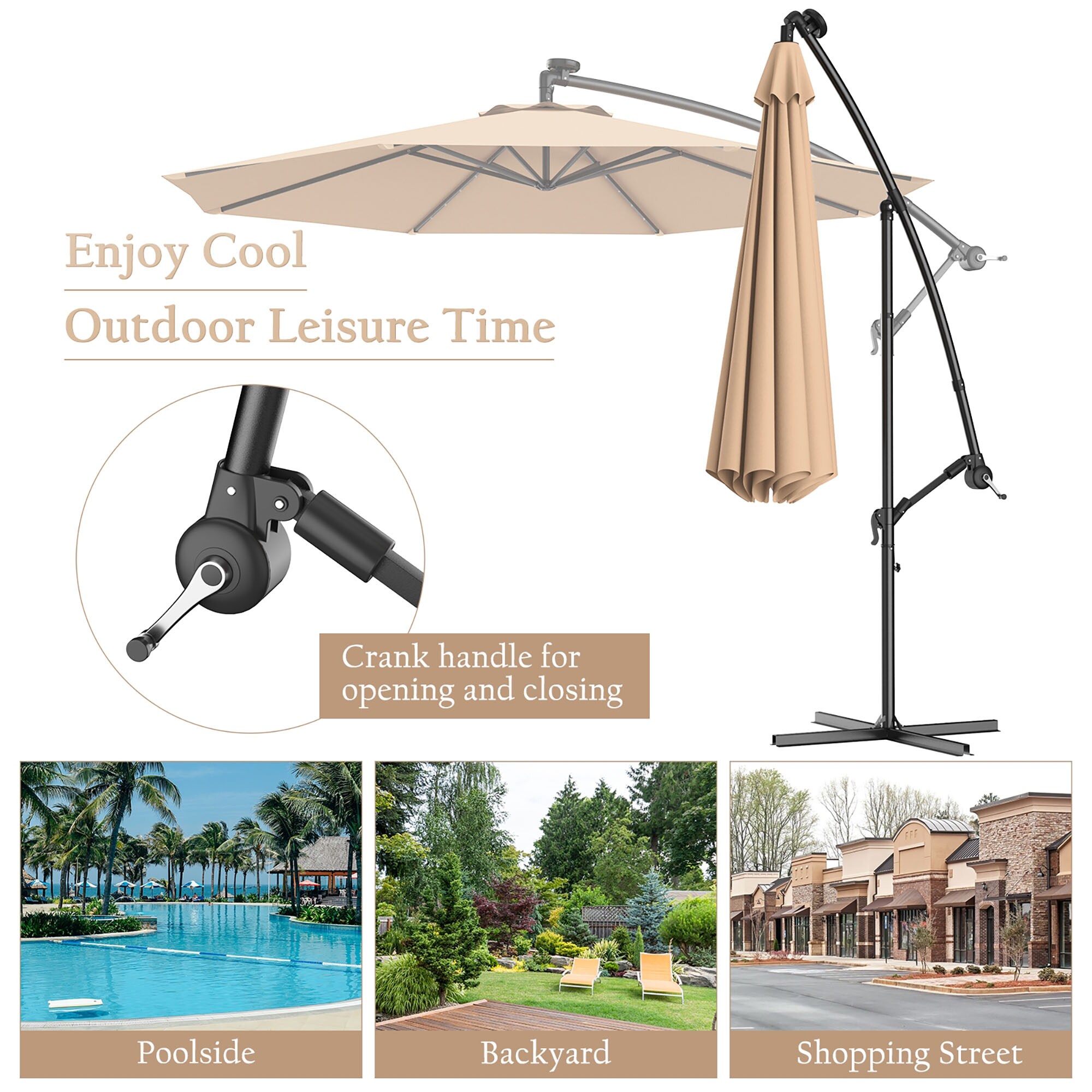 CASAINC 10-ft Tan Solar Powered Crank Cantilever Patio Umbrella with ...