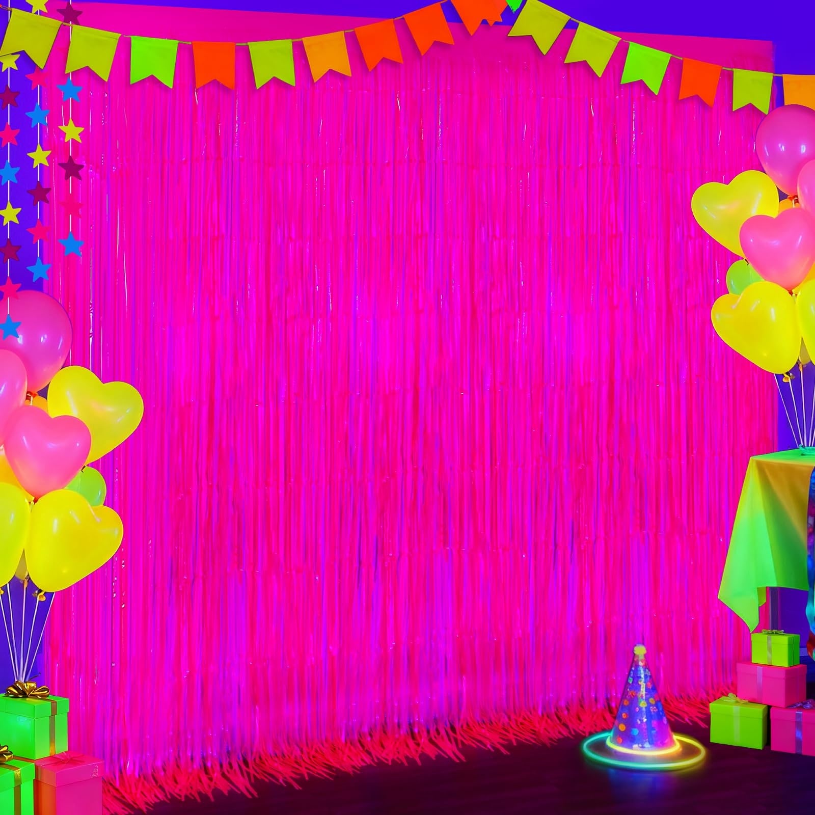 Anqtovp  2 pack glow in the dark neon party streamers fuchsia tinsel foil fringe curtains UV light reactive backdrop for birthday Halloween