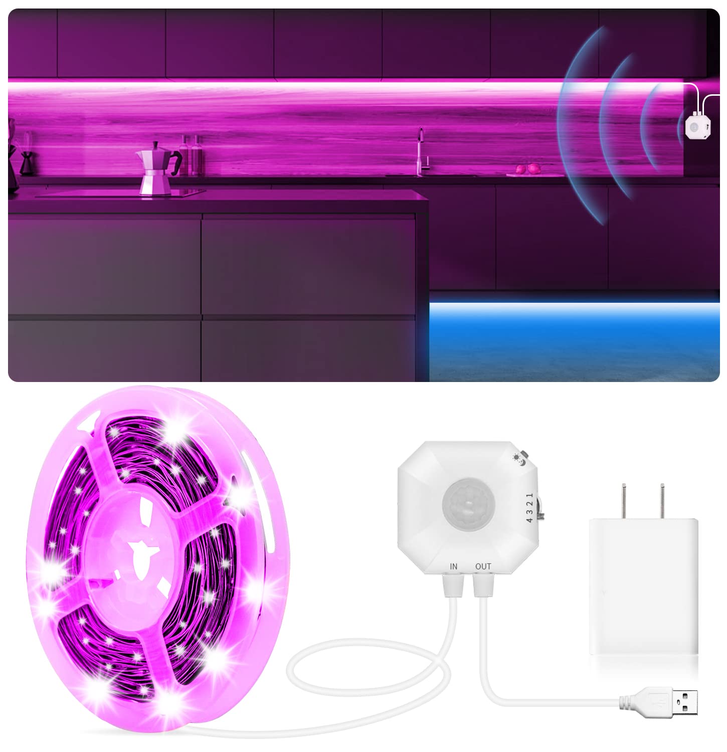UUDULY  Motion Sensor LED Strip Lights Indoor Plug in RGB Under Bed Lights for Bedroom Under Cabinet Kitchen Closet Stair Night Light with APP