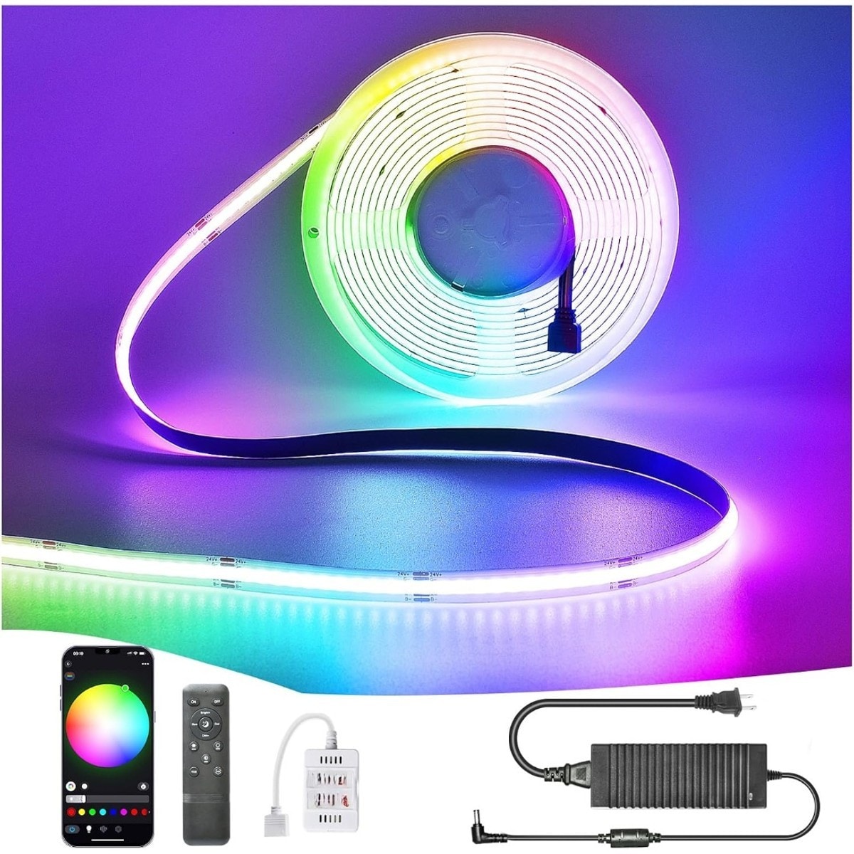 Axinabu  32.8FT RGB COB LED Strip Light 10mm Color Changing Tape Light with Remote and App Control for Bedroom Kitchen TV Backlight