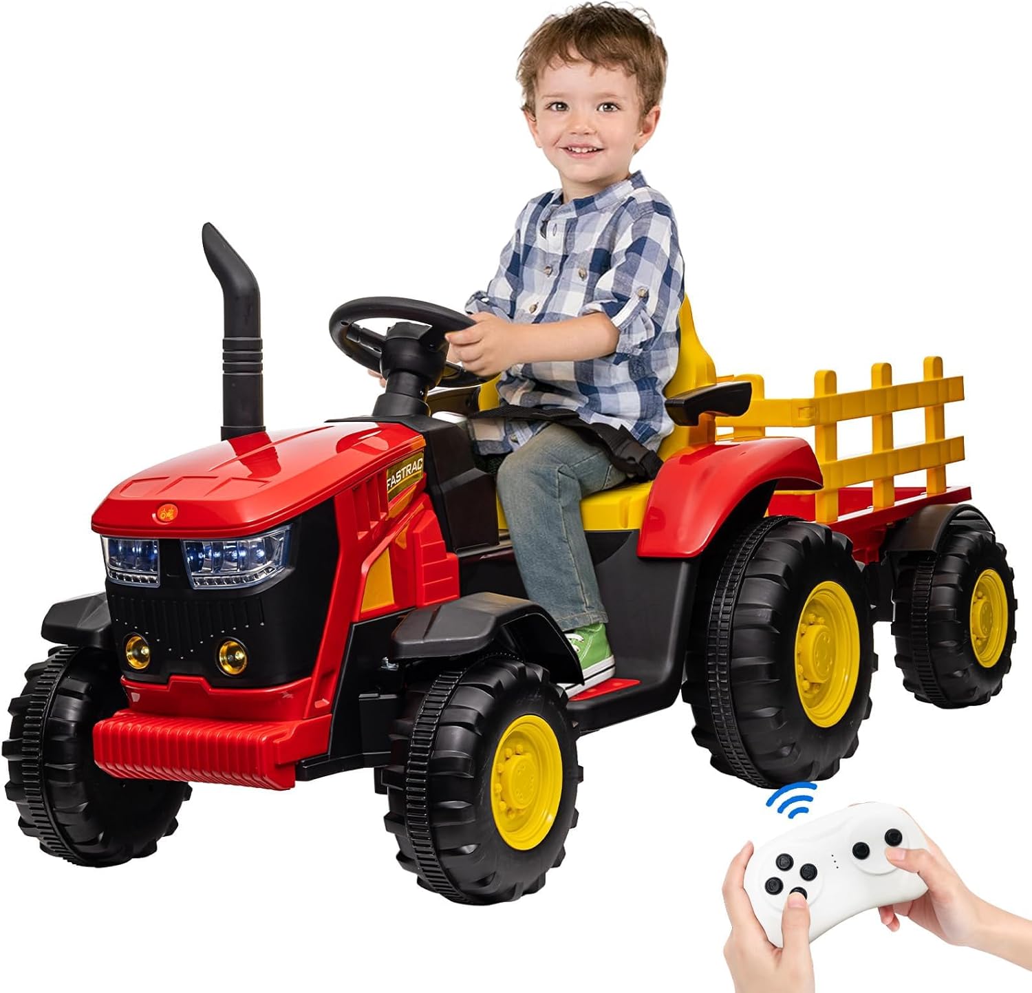 Qeetex DYQ-PTO-0YWN16YQ Kids Ride On Tractor with Detachable Trailer and Remote Control 12V Battery Powered Tractor Car Toy  Dual 35W Electric Vehicles with LED Headlights  USB for Boys Girls 3-8