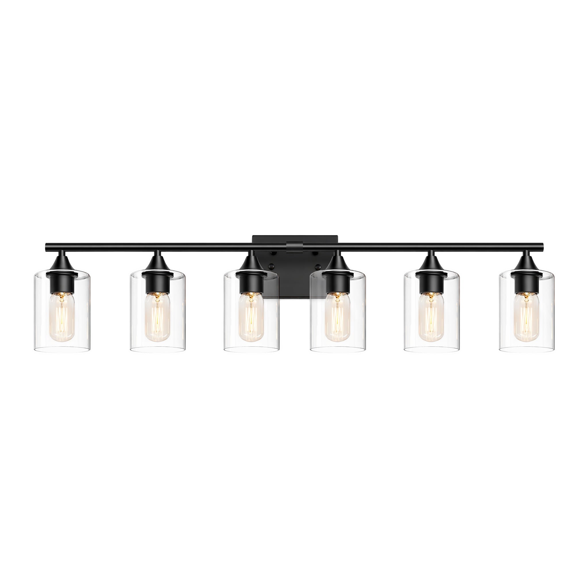BEARSOLIM 6 Light Matte Black Large Master Bathroom Vanity Light Heavy Duty Anti Rust Metal Wall Sconce with Clear Cylinder Glass Shade for Extra Wide Vanity Mirror Bulb Not Included