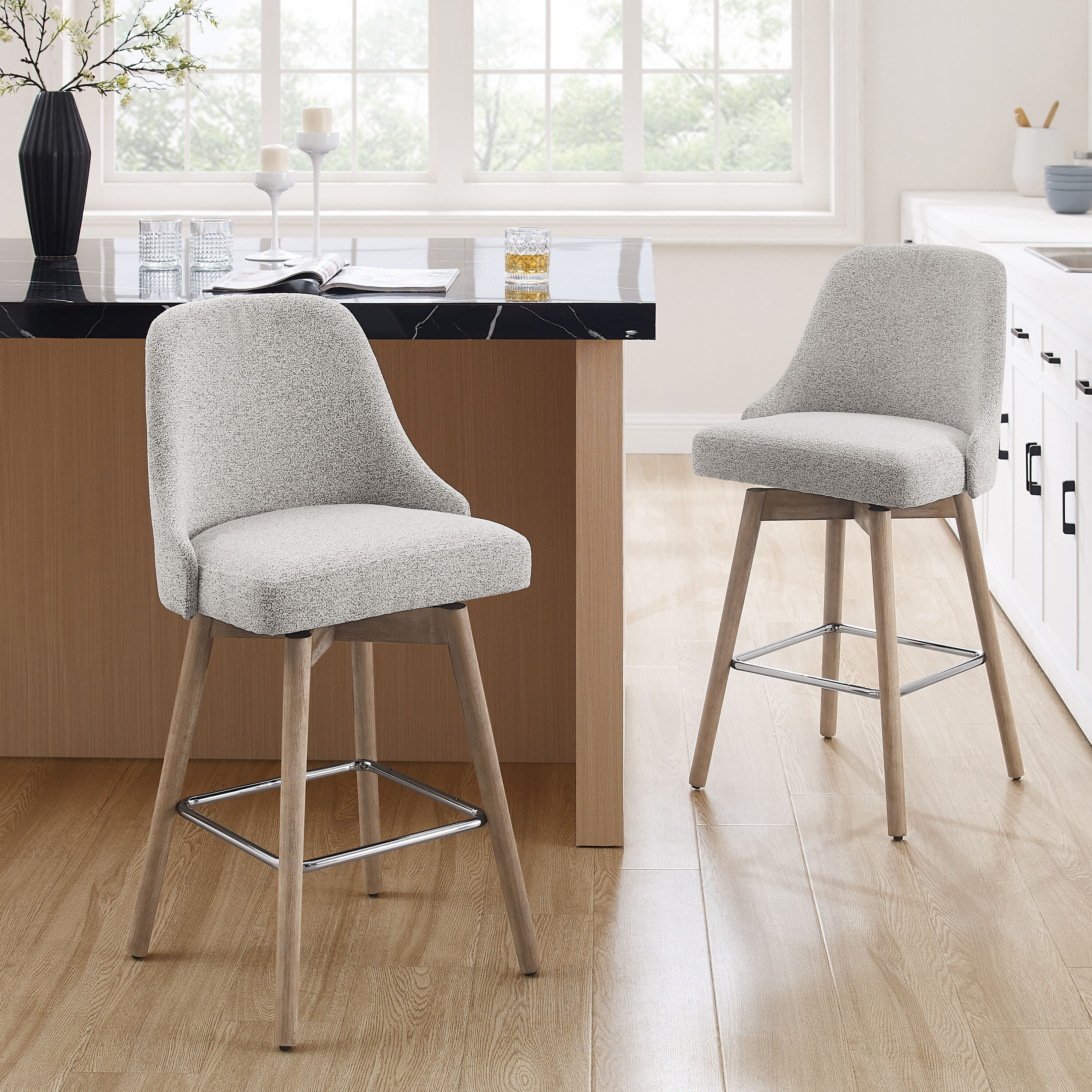 Art Leon BS042-2-WHGR-F Gray 25.59-Inches H Counter height Square seat Upholstered Wood Bar Stool