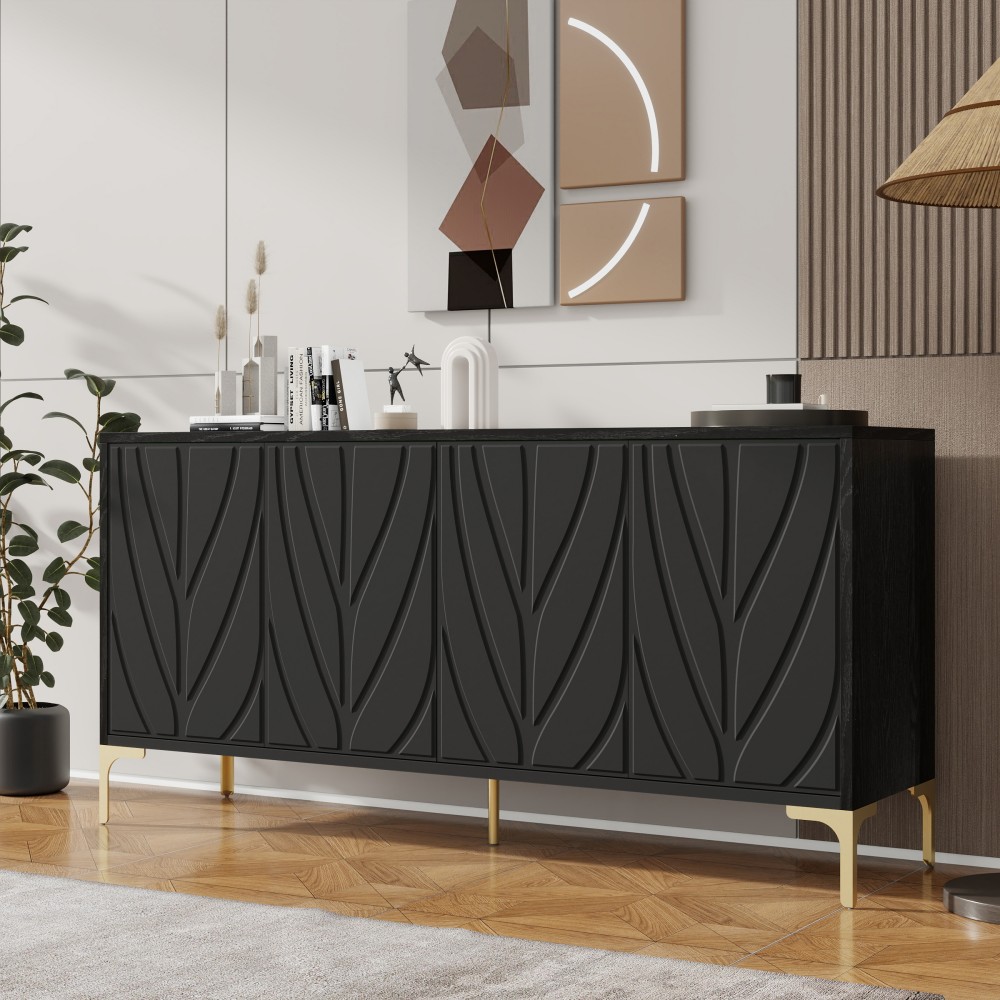 GlasFlength  60 Sideboard Buffet Cabinet Handleless Press to Open Design Carved Credenza Storage Cabinet with 4 Doors Living Room Accent Buffet Modern Black Entryway Wooden Side Board Black