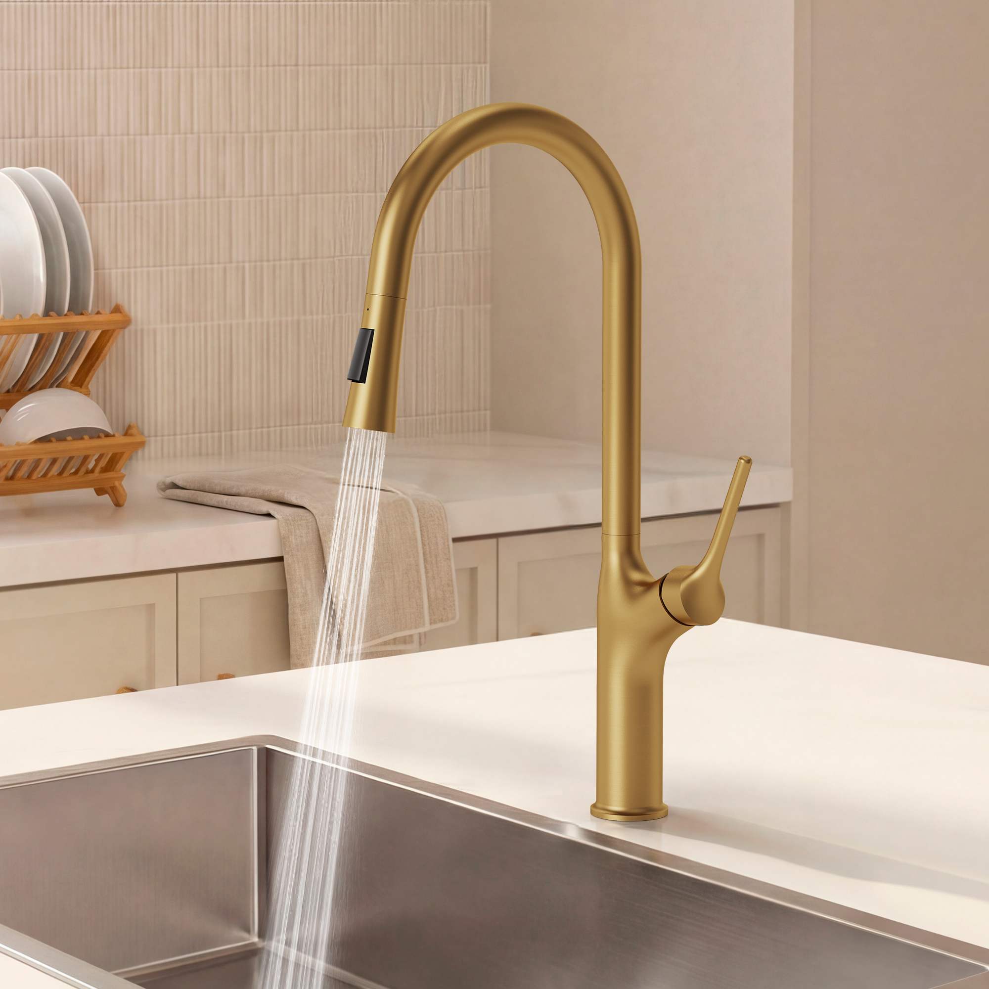 EVERSTEIN Brushed Gold Single Handle Deck-mount Pull-down Kitchen Faucet with 2-Function Sprayer 360-Degree Swivel