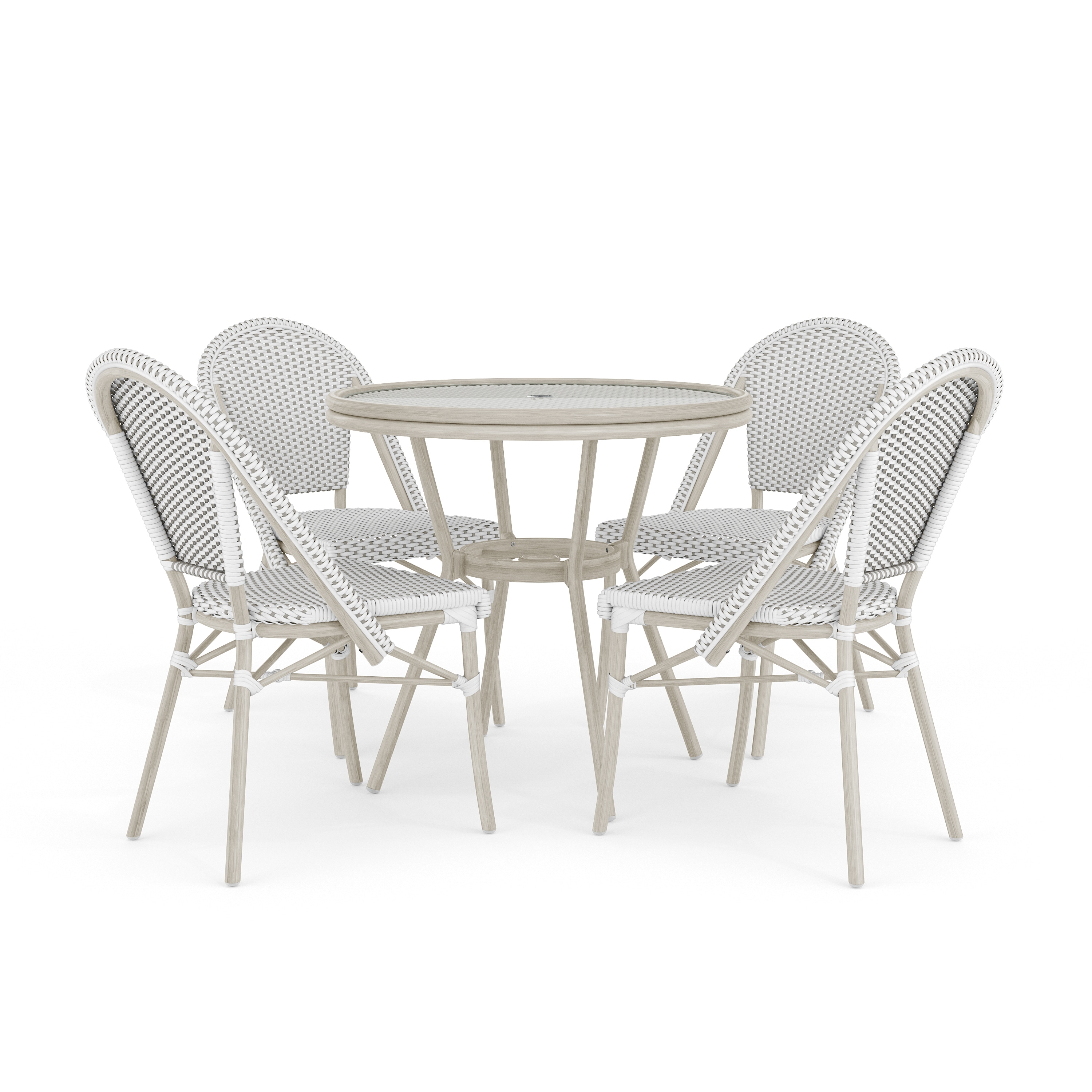 Martha Stewart 889142710028 Lily Pond 31.5-in Round Indoor-Outdoor Bistro Dining Table with 4 Stackable Bistro Chairs - White/Gray with Natural Woodgrain Aluminum Finish Frame