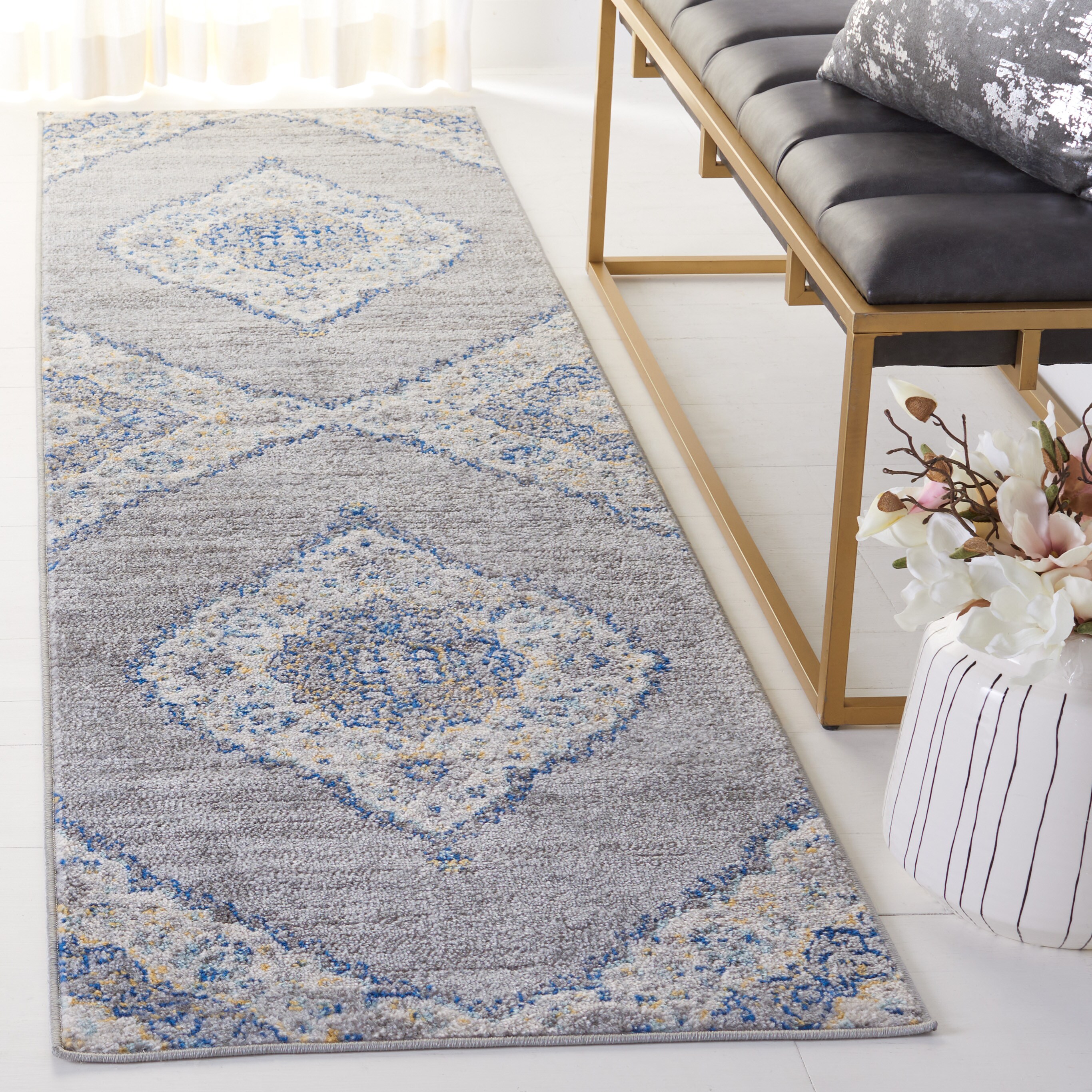 Safavieh MAD153F-28 Madison Suzian 2 x 8 (ft) Loomed Polypropylene Light Gray/Blue Rectangular Indoor Floral/Botanical Oriental Runner rug
