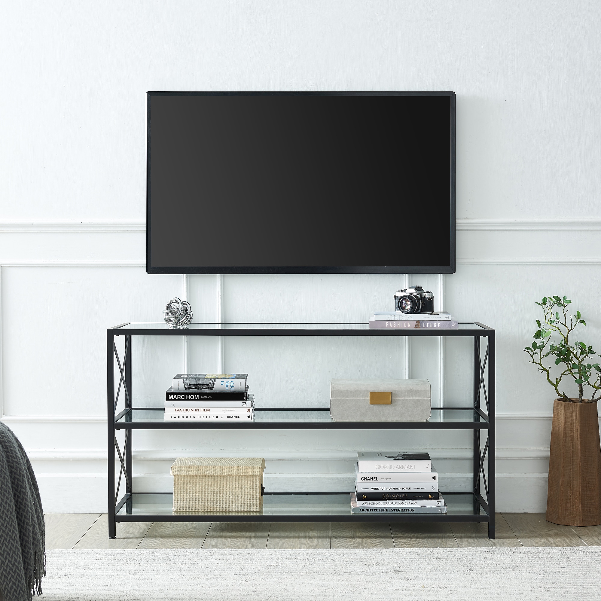 Hutton 50'' Blackened Bronze Modern Metal TV Stand with Glass Shelves