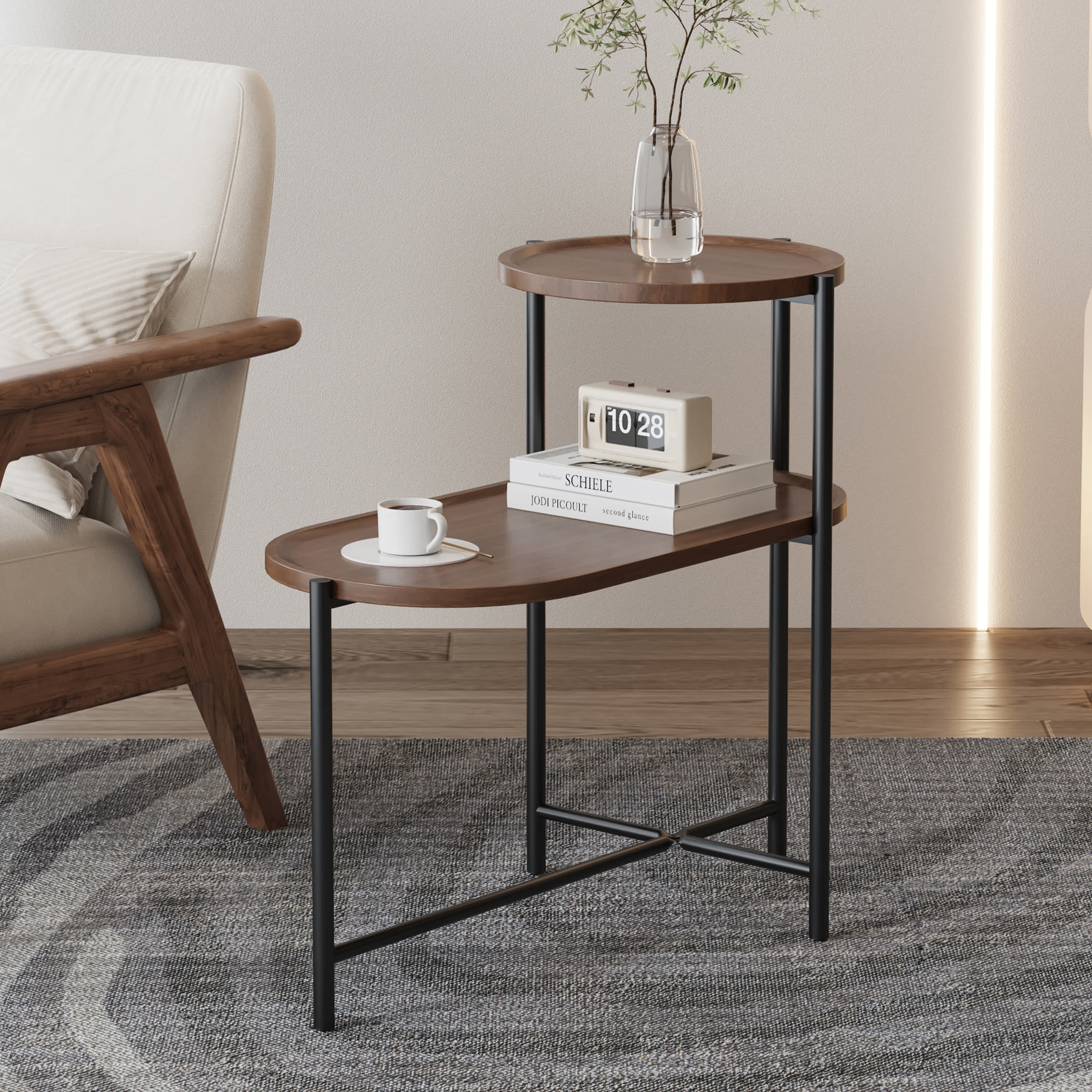 Vynxaria LESX0007-DJBZ-ET0004 Chic Walnut Brown Wooden Oval Coffee Table with Storage  2Tier End Table for Living Room