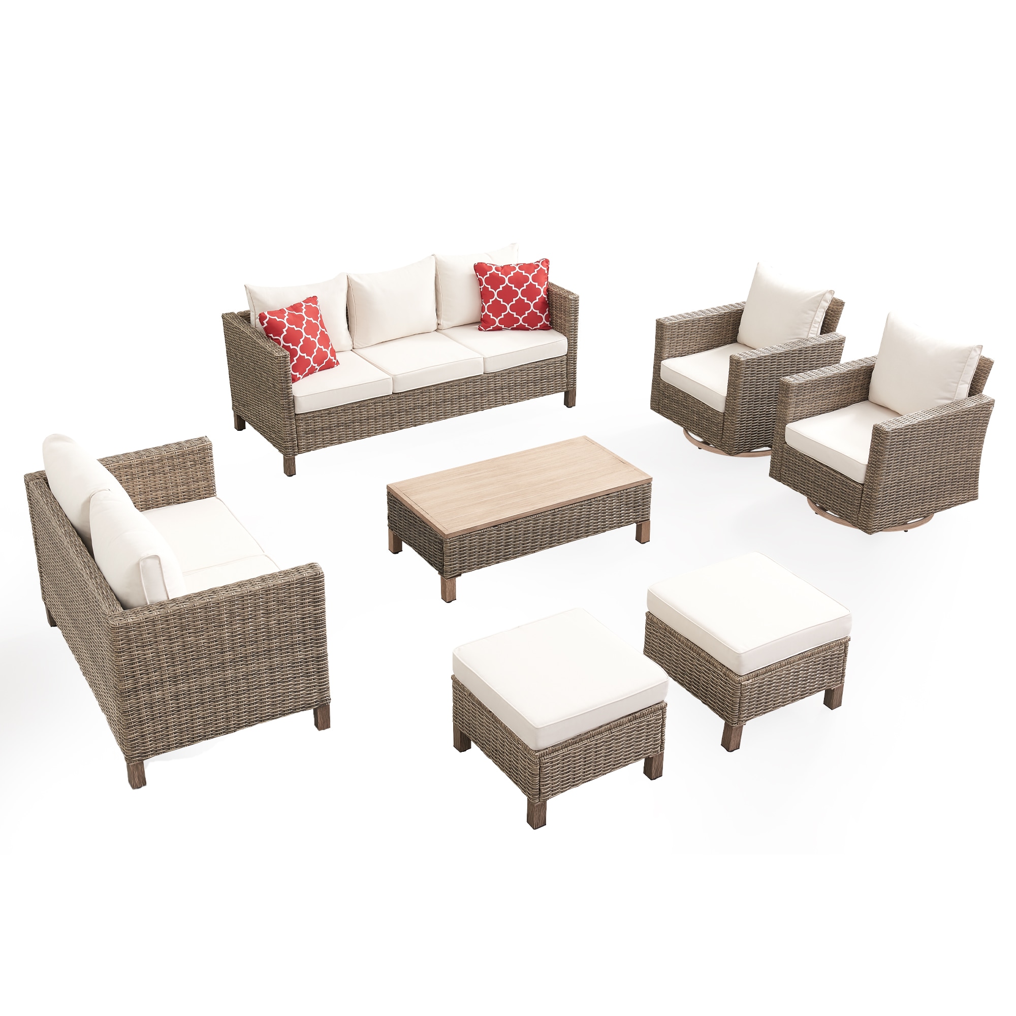 EDYO LIVING SMX04RK-BG 7 -Piece Wicker Patio Sofa Conversation Set with Beige Cushions