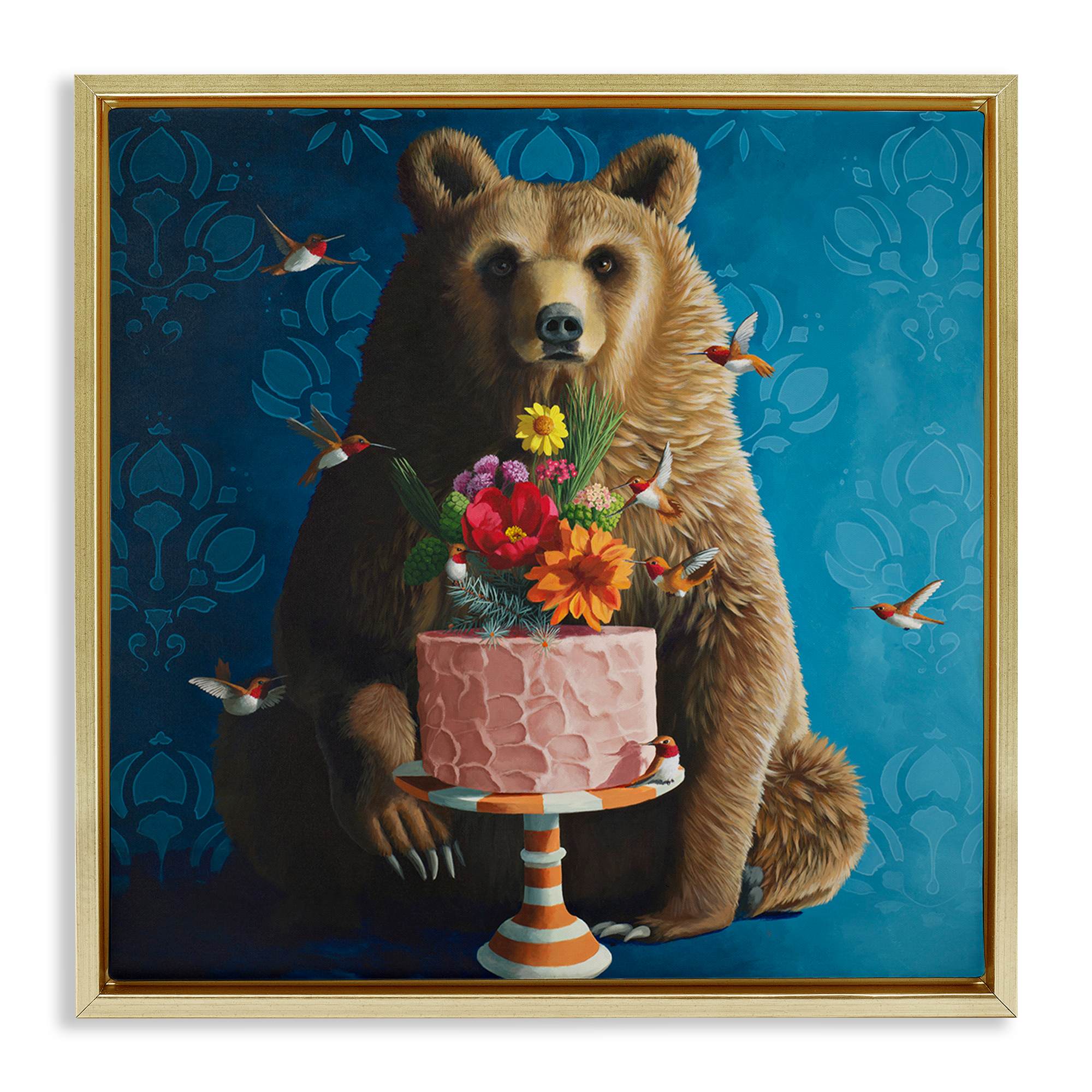 Stupell Industries BT-212-FFG-17X17 Bear with Sweet Dessert Cake Gold Framed Floater Canvas Wall Art By Heather Gauthier 18 x 18