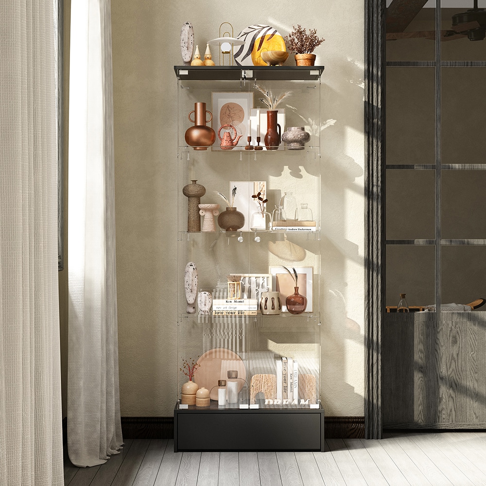 Homsee C-KF020517-01 Tall Black Glass Display Cabinet with Locking Doors and Drawer – Tempered Glass Curio Case for Home or Retail Use