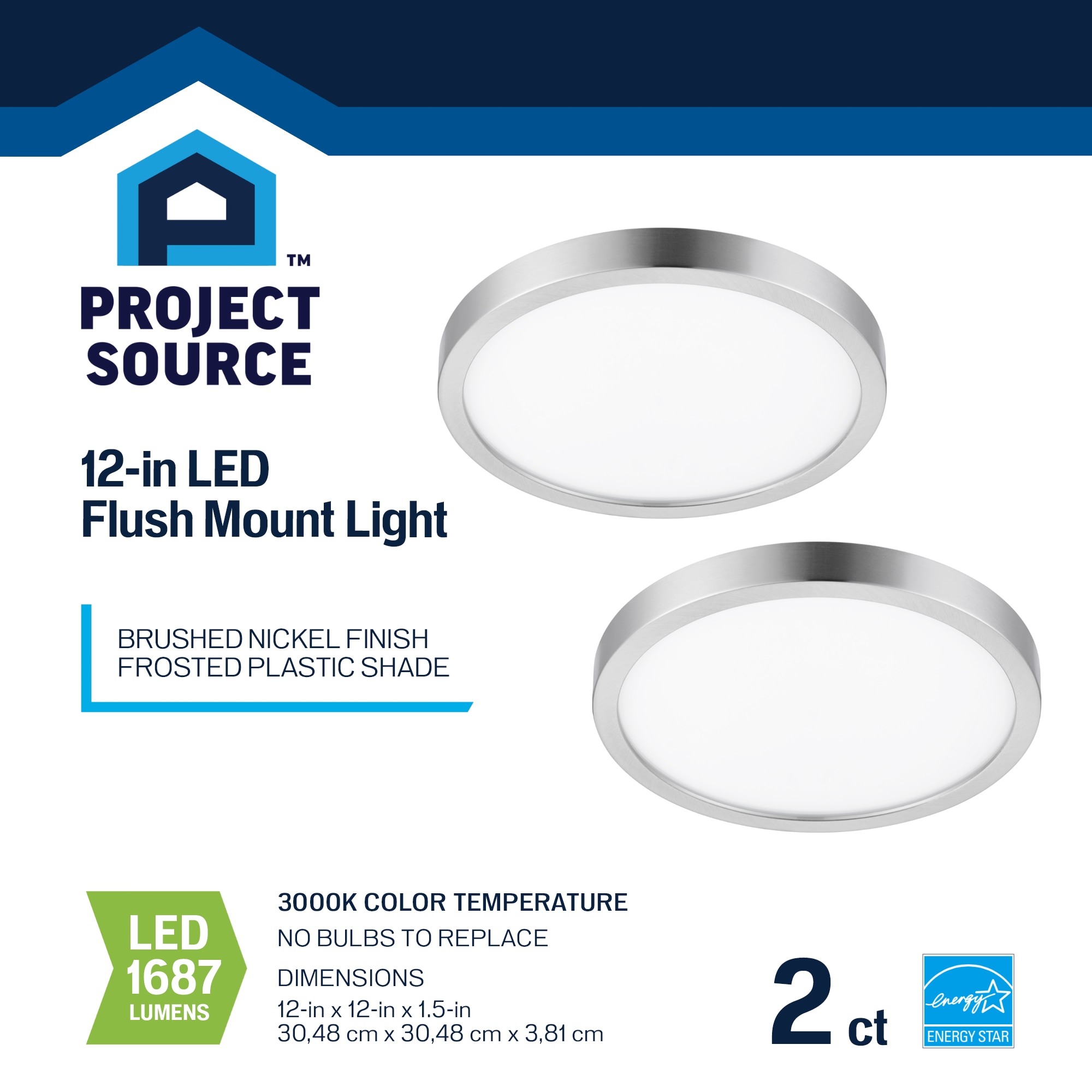 Project Source 1-Light 12-in Brushed Nickel LED Flush Mount Light ENERGY  STAR (2-Pack) in the Flush Mount Lighting department at