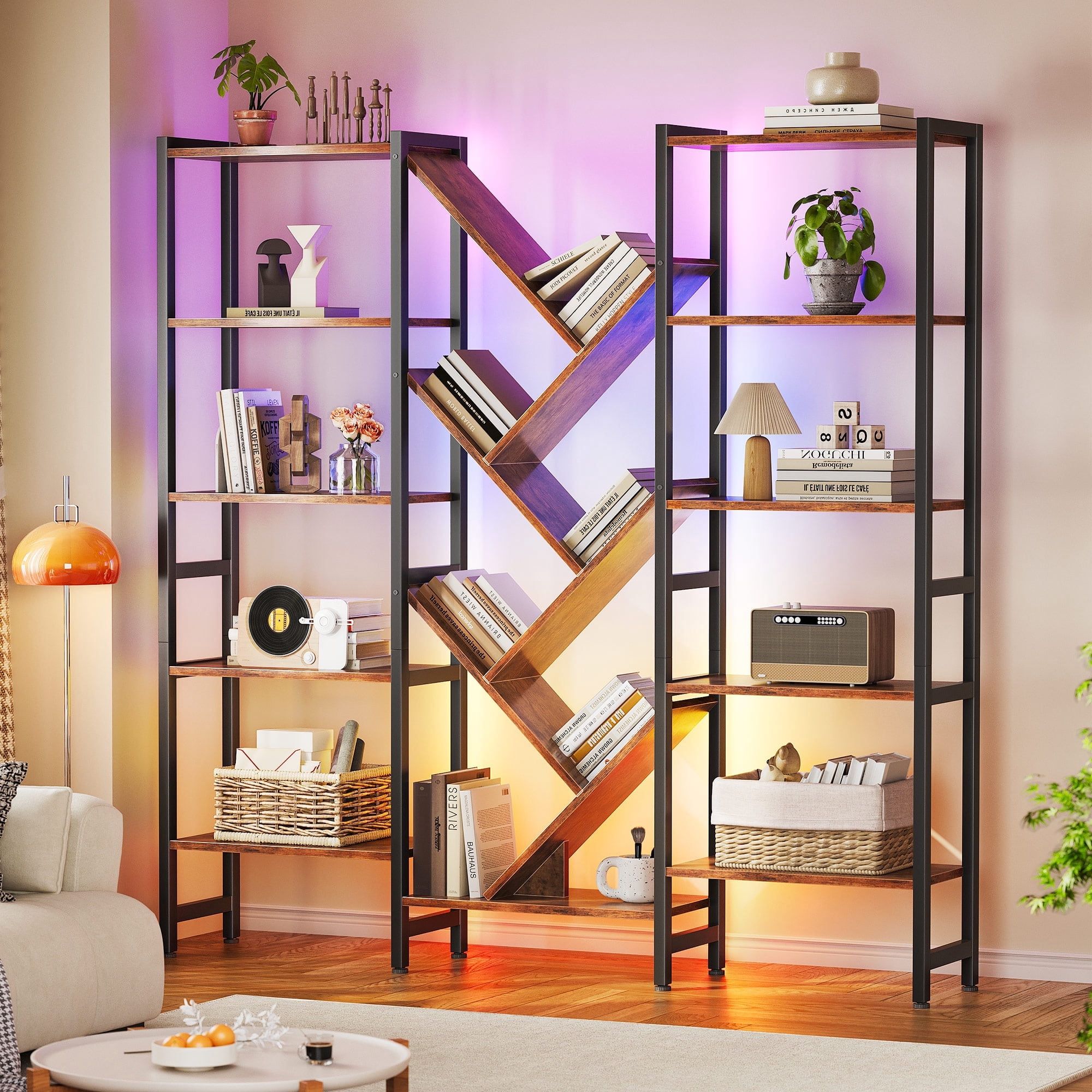 JUSHUA - Triple 5 Tier Bookshelf with LED Lights for Living Room 17 Open Shelves Large Bookcase w...