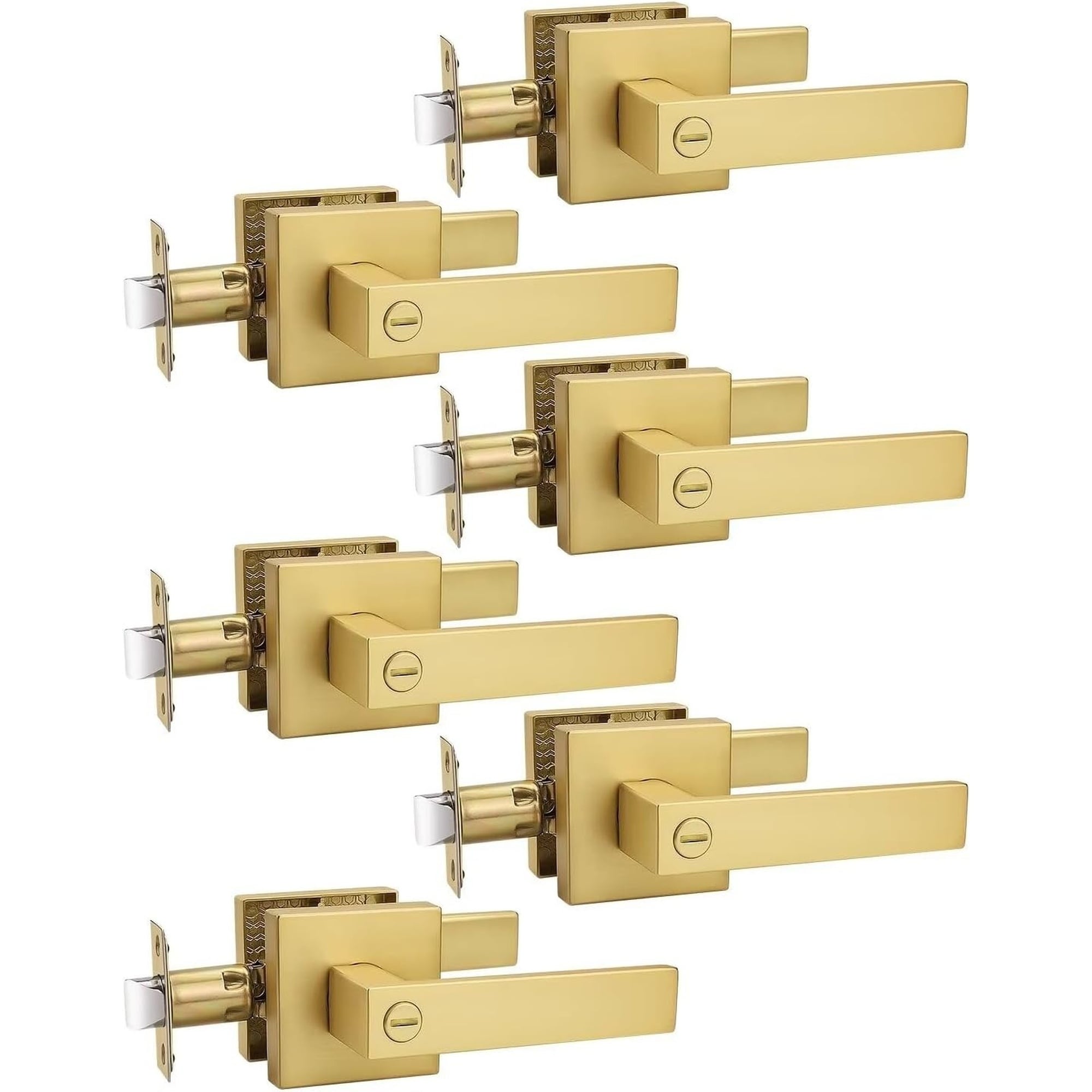 Angel Sar 6 Pcs Heavy Duty Gold Square Privacy Interior Door Levers Satin Brass Finish Keyless Bed Bath Lockset for Home