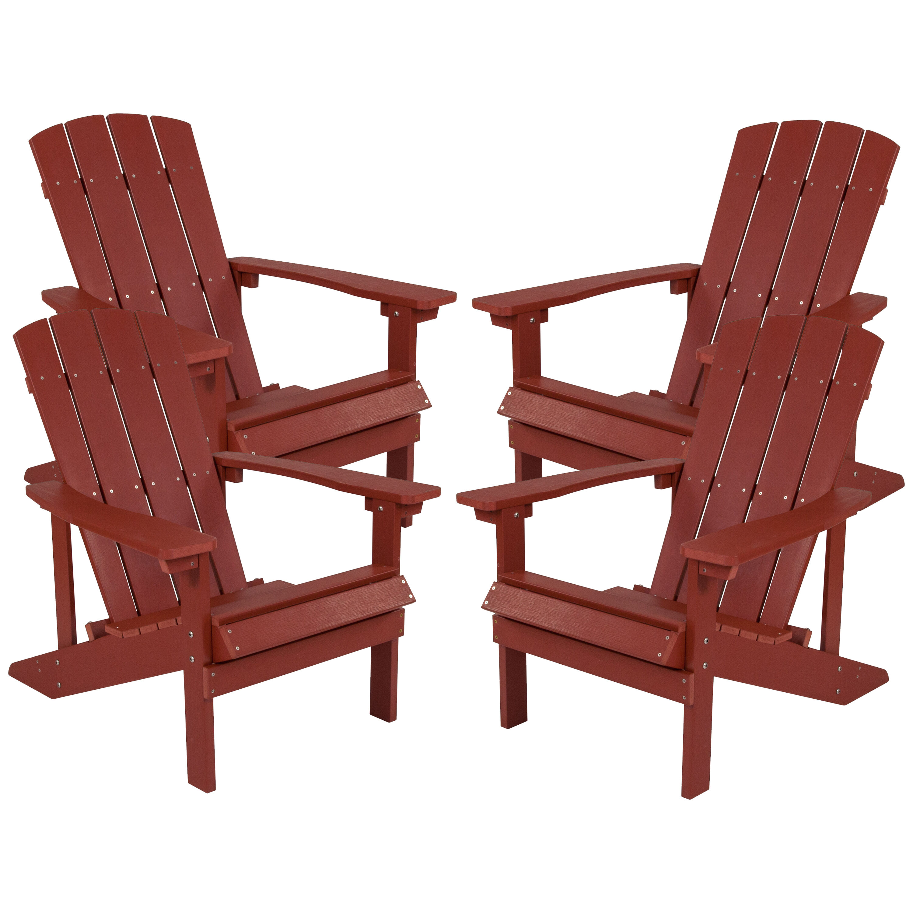 Flash Furniture 889142984535 Charlestown Set of 4 Red Resin Frame Stationary Adirondack Chair with Solid Seat