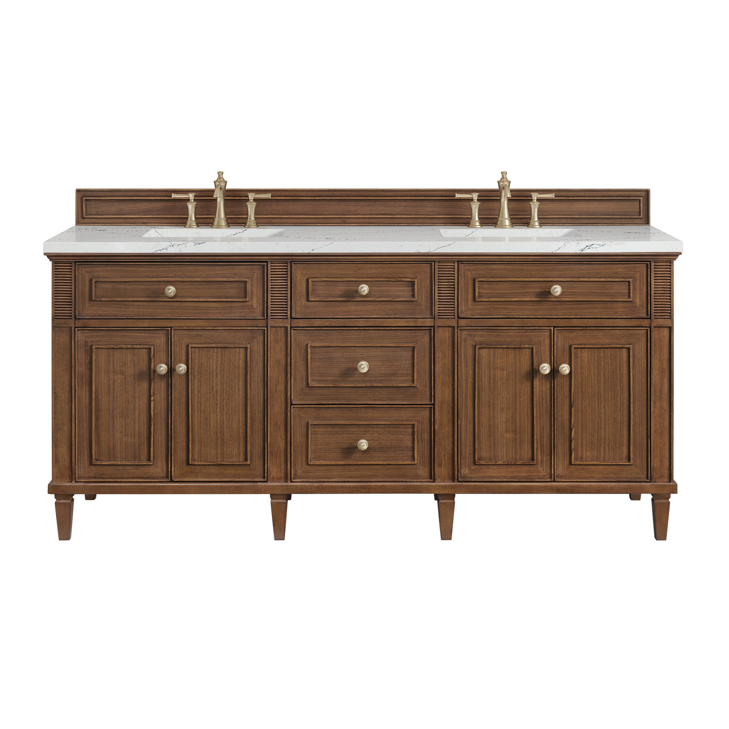 James Martin Vanities 424-V72-WLT-3ENC Lorelai 72-in Mid-century Walnut Undermount Double Sink Bathroom Vanity with Ethereal Noctis Quartz Top