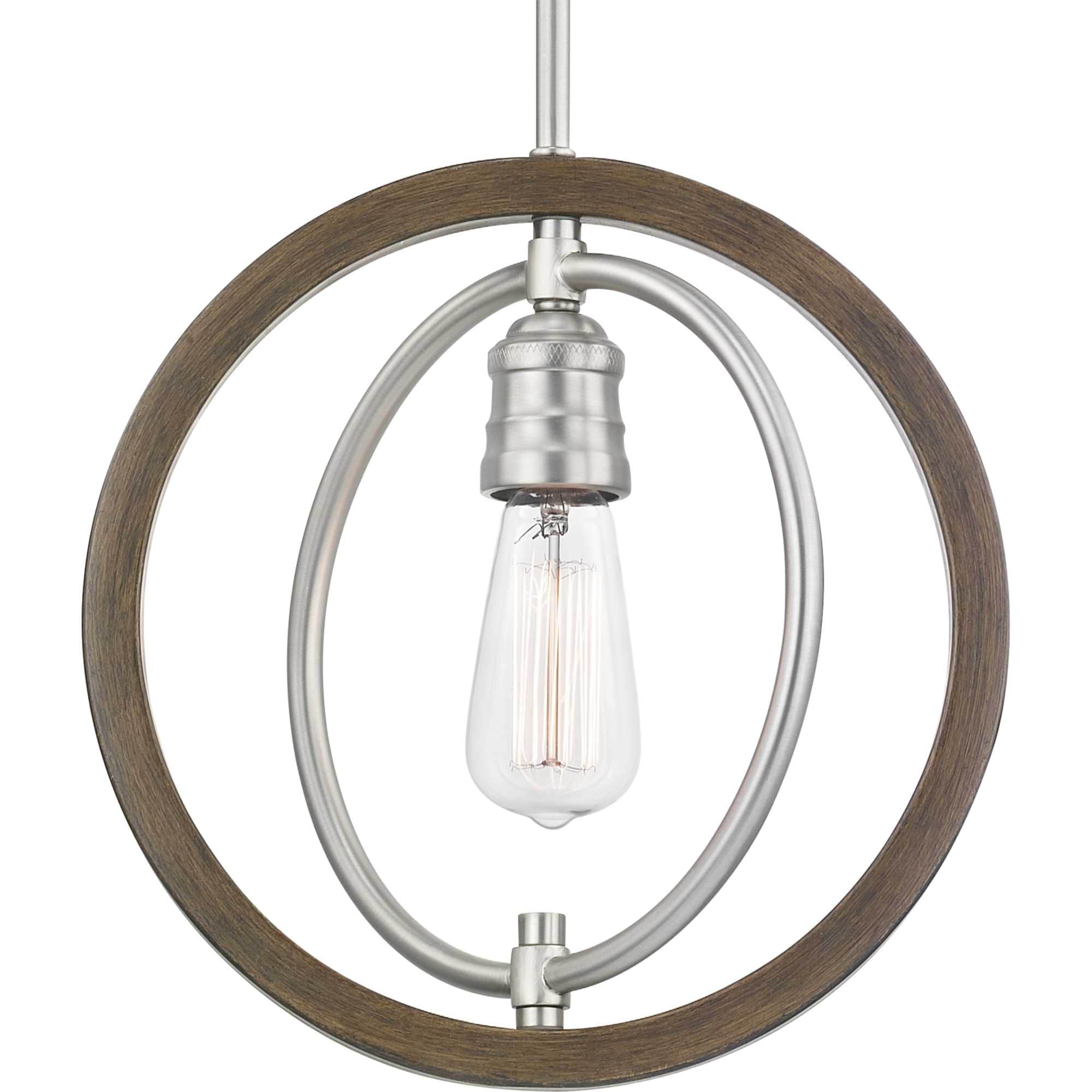 Progress Lighting P500259-147 Fairwood 1 -Light Satin Nickel and Teak Wood Farmhouse Globe Medium Hanging Pendant light
