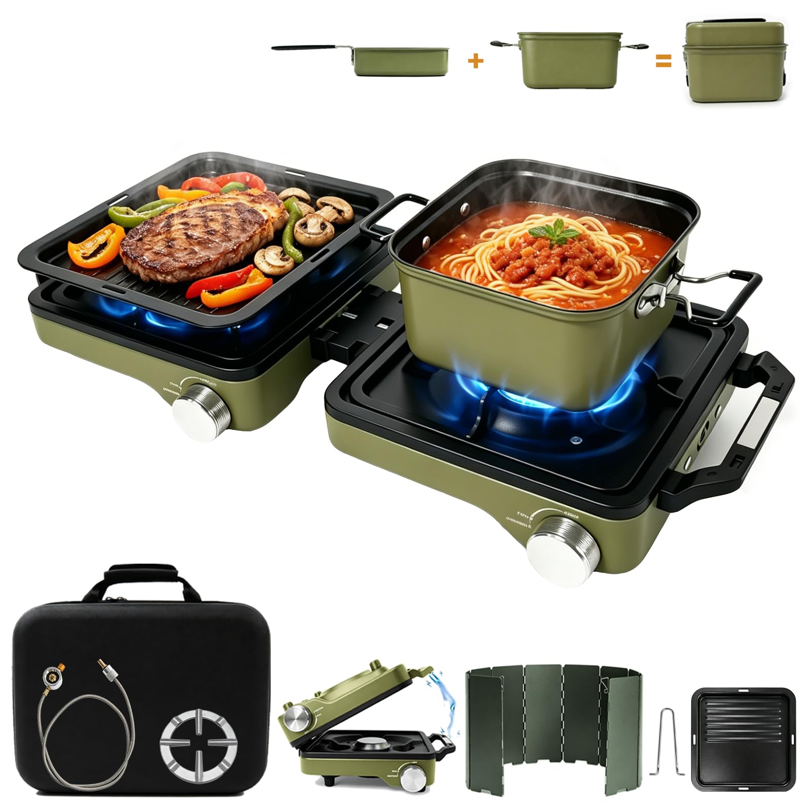 Misopily 2 Burner Camping Stove with Foldable Cookware Set 24000 BTU ...