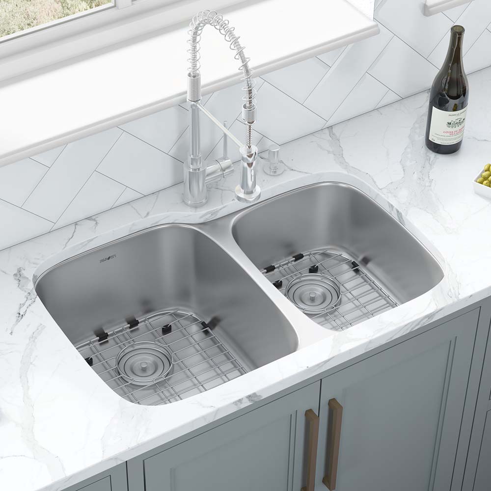 Ruvati Parmi Undermount 32.25-in x 18.875-in Brushed Stainless Steel Double  Offset Bowl Kitchen Sink in the Kitchen Sinks department at