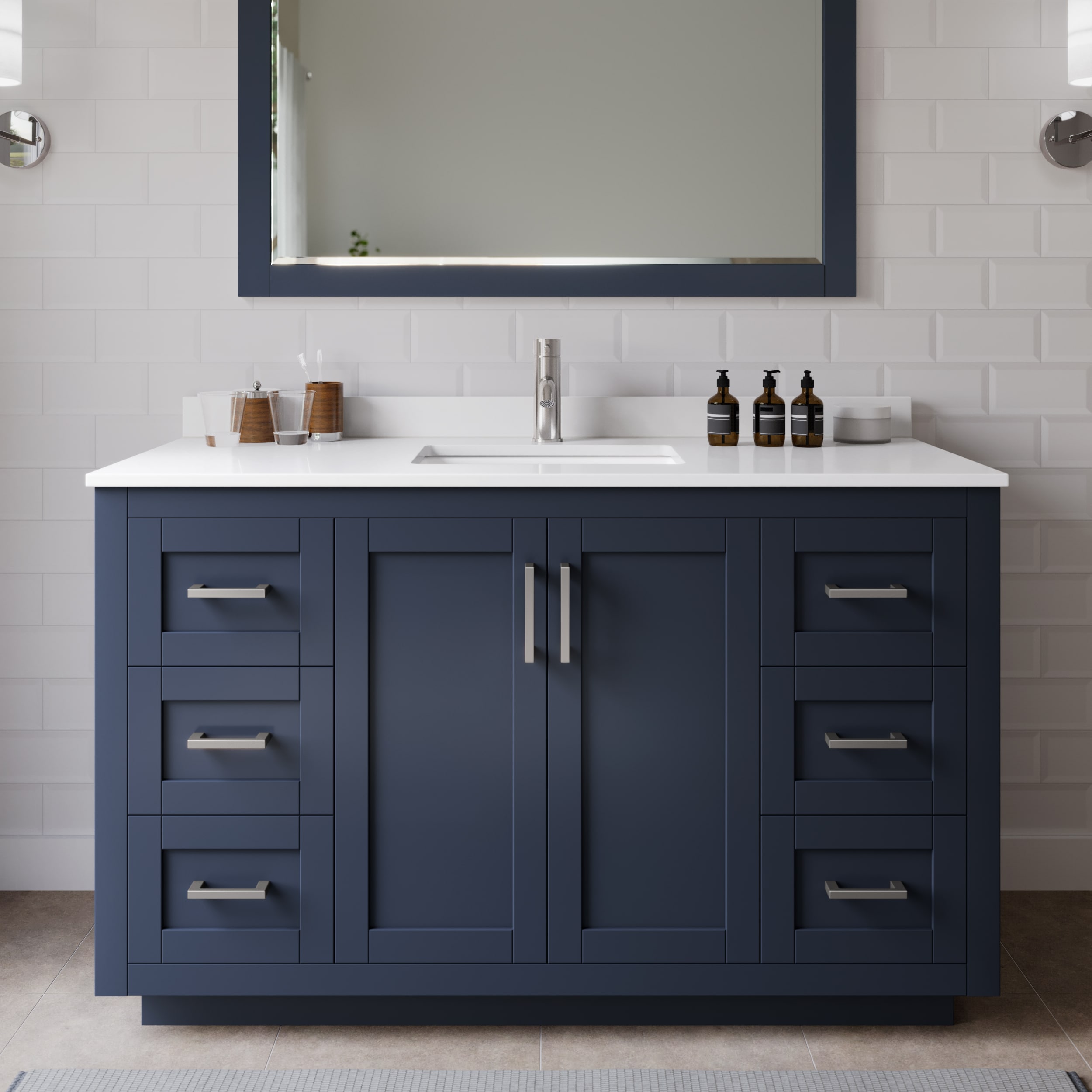 Wyndham Collection WCF292954SBNWCUNSM46 Miranda 54-in Dark Blue with Brushed Nickel Trim Undermount Single sink Bathroom Vanity with White Cultured Marble Cultured marble Top (Mirror Included)