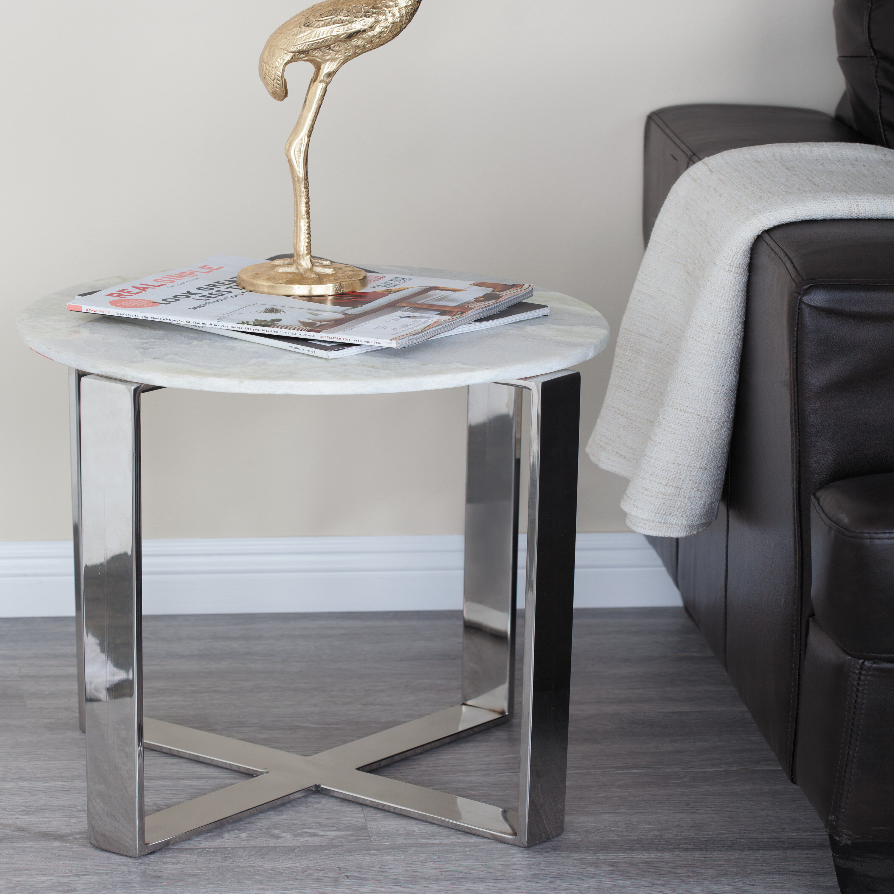 White Marble and Stainless Steel Round Accent Table