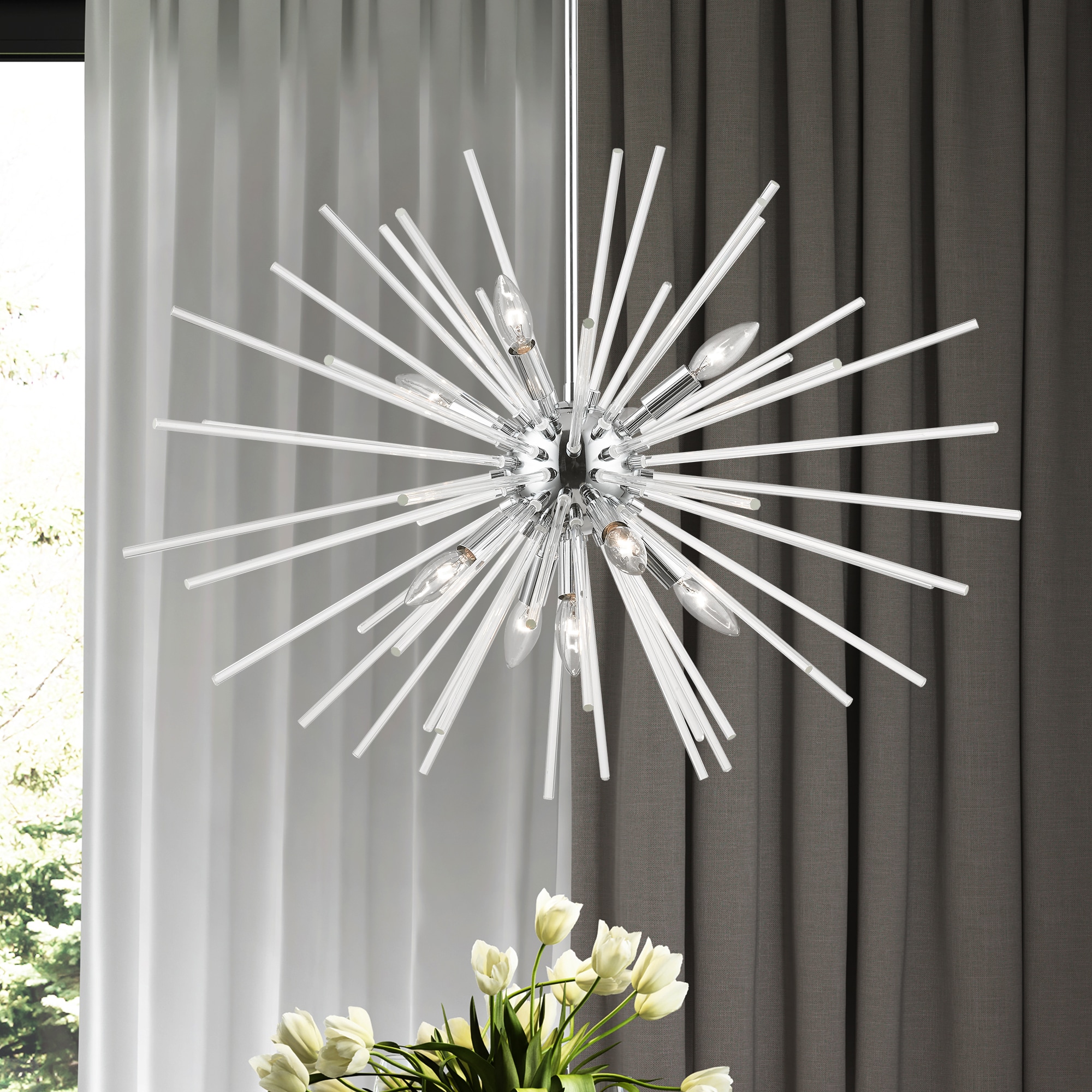 Polished Chrome 9-Light Pendant Chandelier with Clear Glass Rods