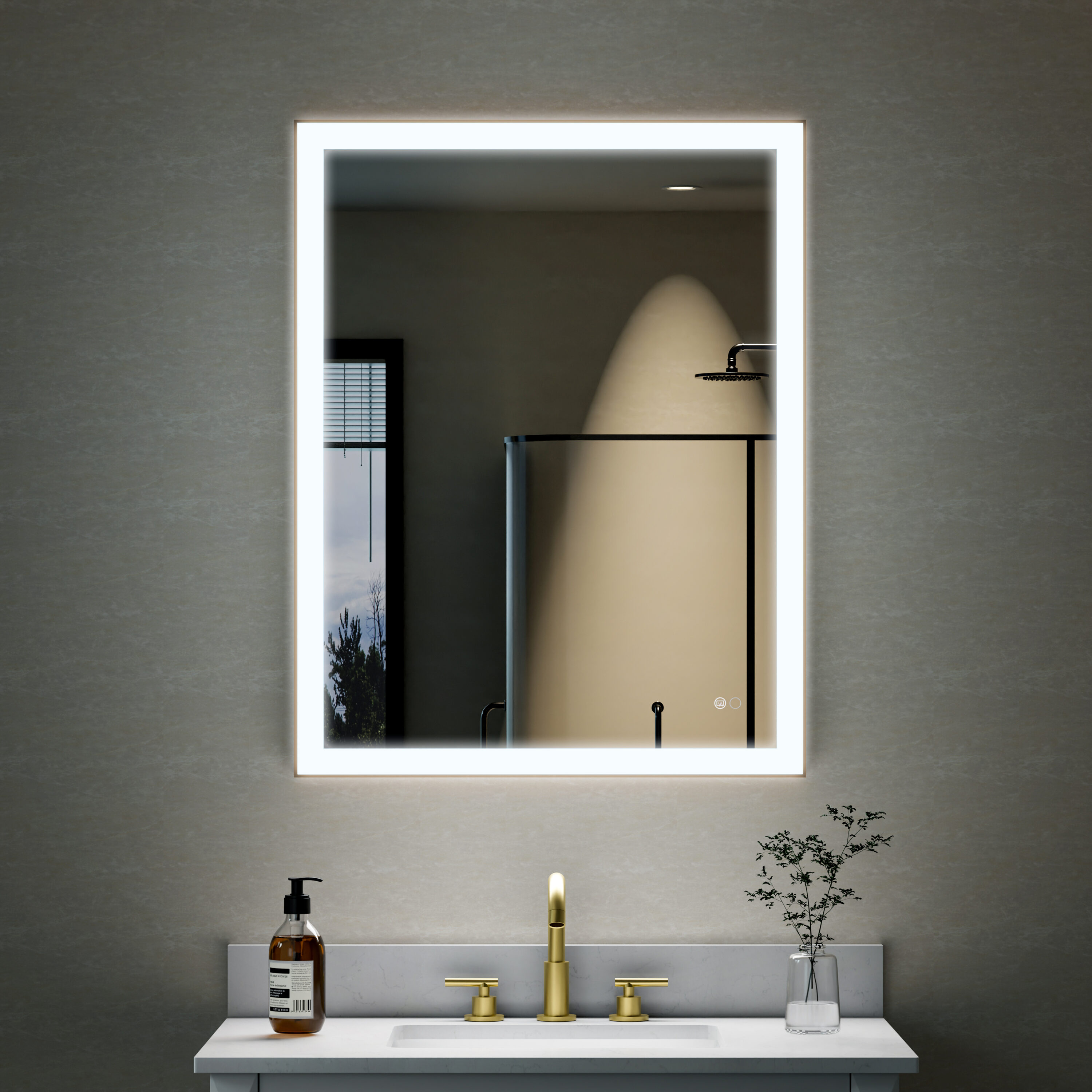 WELLFOR W5FM2836GD RECA Framed LED Mirror 28-in x 36-in Framed Rectangle Dimmable LED Lighted Fog Free Bathroom Vanity Mirror ( Gold )