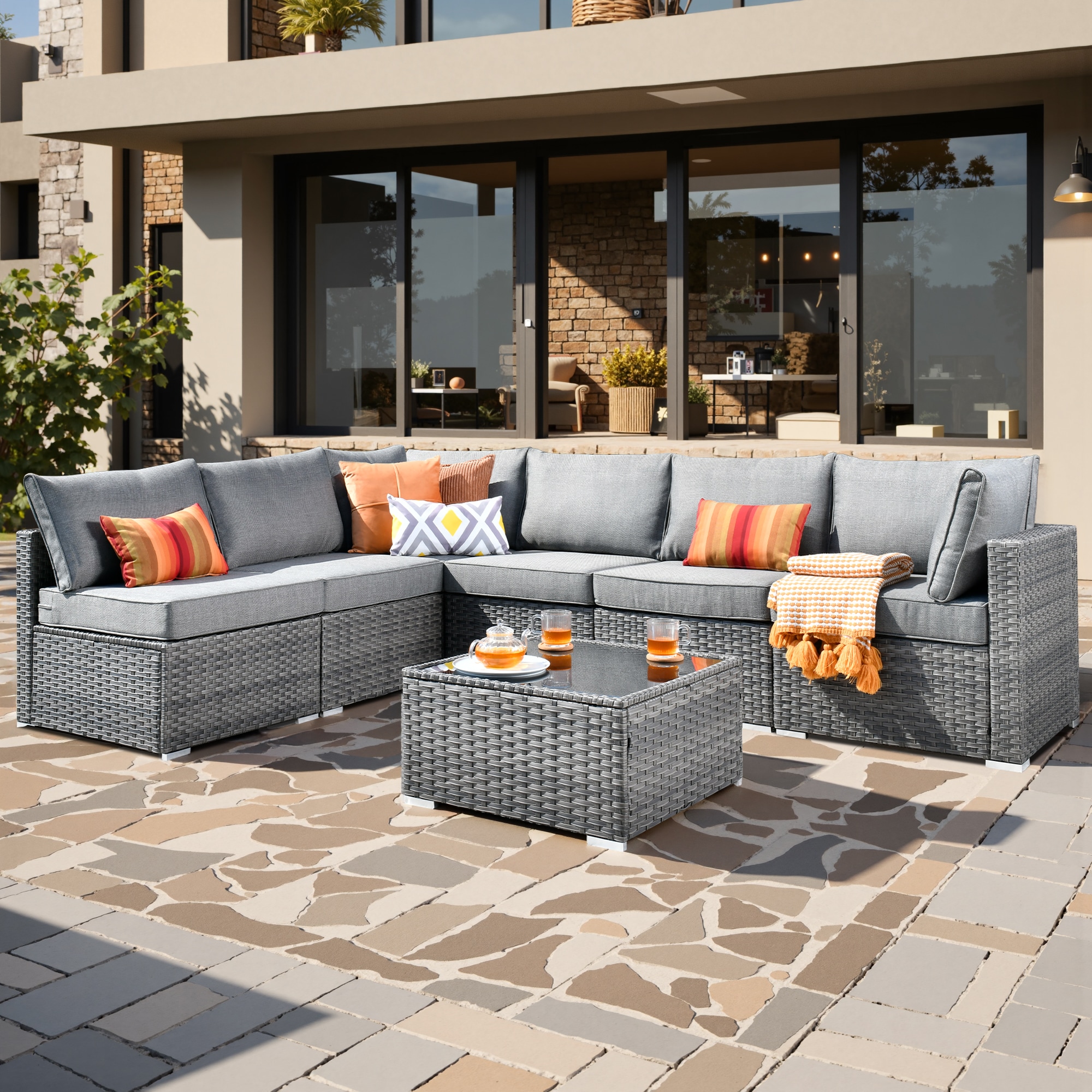 weaxty HMBHOP200 Kuuga Outdoor Sectional with Gray Cushions and Steel Frame